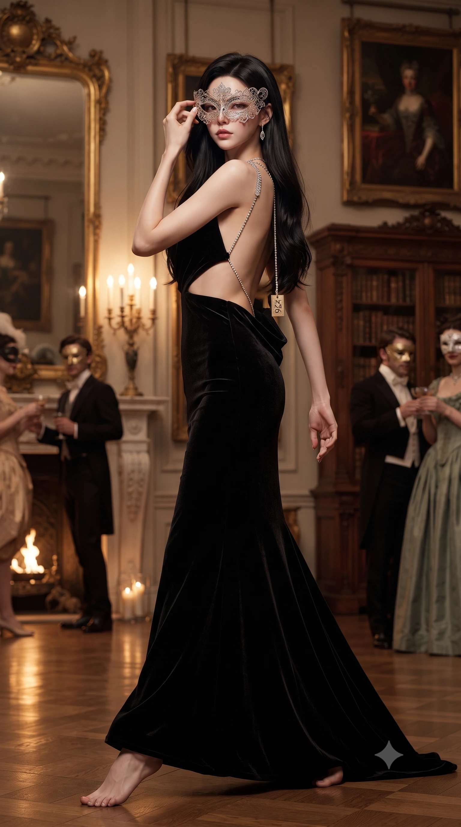 score_9, masterpiece, best quality, ultra-detailed, high-budget anime keyframe, editorial fashion photography, tasteful artistic composition, Korean woman. low angle full-body shot from head to toe showing her feet, filling the entire 9:16 vertical frame with her statuesque presence, stretching her vertical silhouette. striding forward in a proud, dynamic supermodel runway stride, her statuesque vertical silhouette commanding the entire frame while attending a lavish masquerade ball in an opulent baroque mansion, holding an intricate filigree lace mask to her captivating eyes. The composition keeps background elements in soft focus with creamy bokeh. antique oil paintings and carved baroque wooden library shelves softened in romantic shallow focus. She has an absolutely perfect, statuesque 8.5-heads proportion, an exceptionally tall and slender model-like female figure with impossibly long slender legs, a toned flat midriff, and an ultra-slim waist. sharp v-shaped jawline, high-bridge nose, intricate jewel-like eyes with depth, thick eyelashes, glossy lips with a natural sheen, captivating and magnetic expression, flawlessly proportioned anatomical accuracy, strict slender model proportions, natural body alignment, perfectly sculpted long slender limbs, ultra-slim waistline, clean dynamic posture without body distortion. wearing an opulent backless black velvet evening gown with a plunging cowl back and diamond-encrusted shoulder straps in midnight black and liquid gold, crafted from heavyweight crushed silk velvet with liquid luster, accented with a glittering diamond back chain tracing her bare spine edition #26, the precision-cut daring openings accentuating her delicate midriff, graceful bare collarbones, and ultra-slim feminine waistline. bathed in romantic warm candelabra glow and dramatic fireplace ember uplights. ultra-reflective glossy finish, specular highlights, rich textural contrasts, high-contrast stereoscopic depth, volumetric dynamic lighting, 2k, ultra detail, master piece, 9:16 ratio