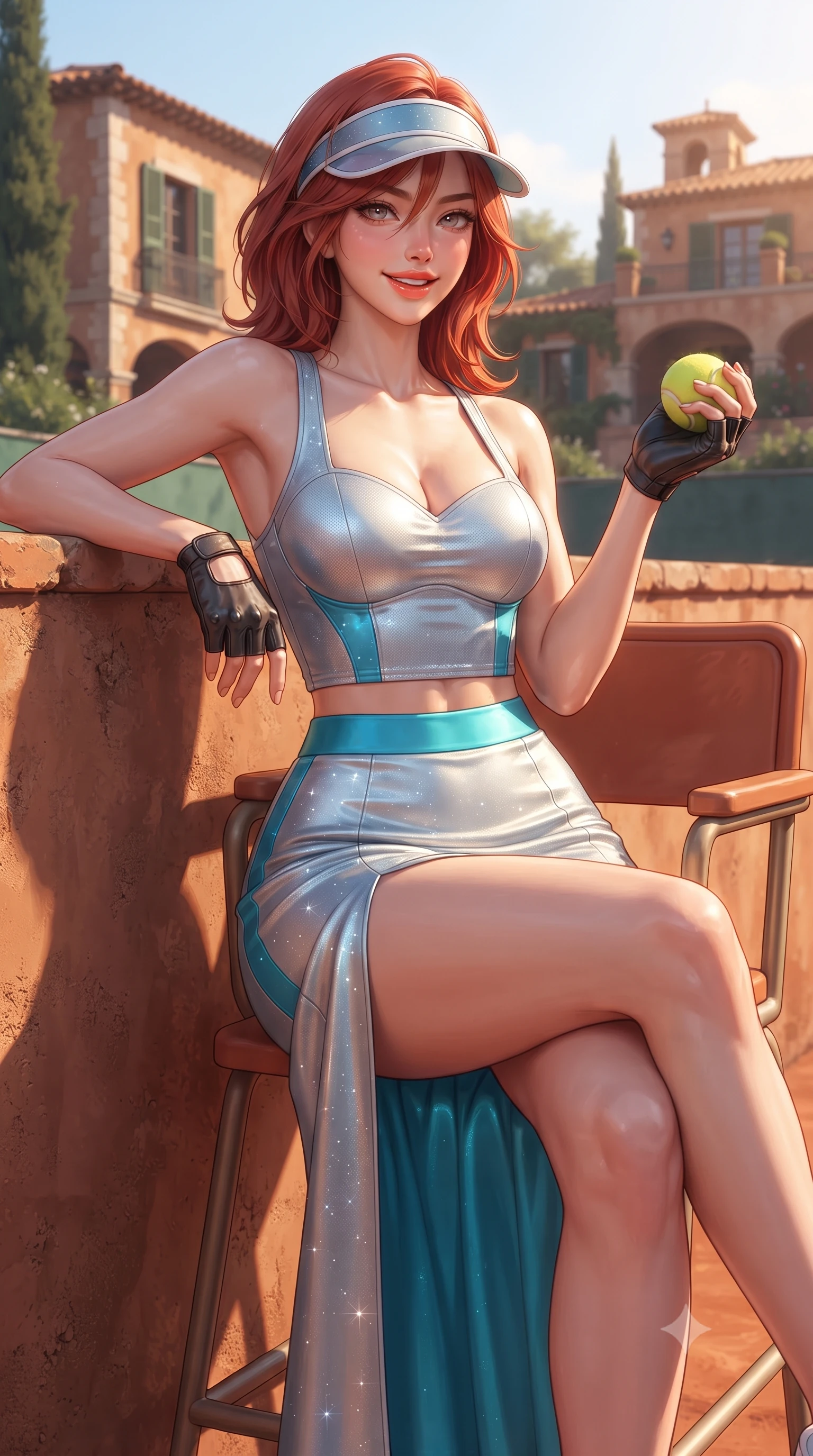 score_9, masterpiece, best quality, ultra-detailed, high-budget anime keyframe, editorial fashion photography, tasteful artistic composition, Korean woman. close-up cowboy shot from the waist and thighs up, the character dominates the composition, filling the frame with her large presence. leaning back against the pit wall with relaxed seductive grace, her flat midriff and narrow waist highlighted as sunlight traces her curves while sitting gracefully on the clay court umpire chair with legs crossed, holding a tennis ball while flashing a playful, teasing smile with glossy lips. The surrounding environment is rendered in vivid detail and crisp panoramic clarity: detailed piqué knit texture, dewy post-match glow on skin, and legendary Mediterranean tennis architecture in high resolution. She has an exceptionally elegant, slender, and willowy female figure with an ultra-slim waist, flat toned midriff, narrow ribcage, and sculpted feminine hips creating an alluring, slim hourglass silhouette without bulk. sharp v-shaped jawline, high-bridge nose, sparkling eyes with athletic focus and depth, thick curled eyelashes, glossy parted lips with a natural coral-peach sheen, bright confident and coquettish smile with alluring bedroom-eyes, exuding both youthful sporty vigor and sovereign high-society glamour, flawlessly proportioned anatomical accuracy, strict slender model proportions, natural body alignment, perfectly sculpted long slender limbs, ultra-slim waistline, clean dynamic posture without body distortion. wearing a sweetheart-neckline athletic tennis bustier top paired with a curve-hugging high-slit track maxi skirt in metallic liquid silver and electric cyan, woven from metallic lurex and technical nylon with subtle starlight glints, accented with a sporty retro tennis visor and fingerless leather driving gloves, the glove-like aerodynamic silhouette tightly following the natural contour of her hips and long slender legs with youthful 8.5-heads elegance. illuminated by clay bounce warmth and sharp amber rim lighting defining her sculpted collarbones, ultra-slim waist, and curvy hips. ultra-reflective glossy finish, specular highlights, rich textural contrasts, high-contrast stereoscopic depth, volumetric dynamic lighting, 2k, ultra detail, master piece, 9:16 ratio