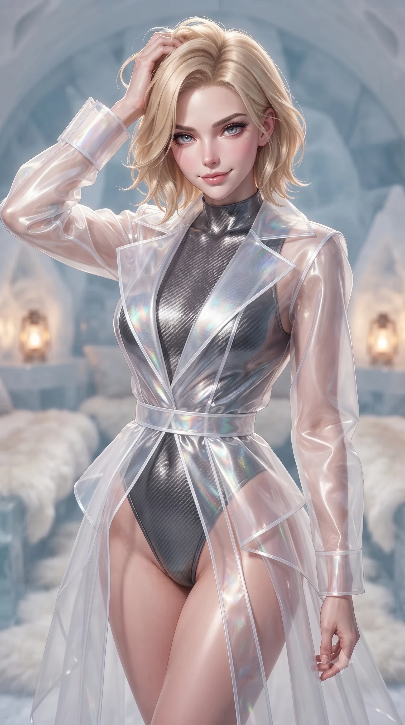 score_9, masterpiece, best quality, ultra-detailed, high-budget anime keyframe, editorial fashion photography, tasteful artistic composition, Caucasian woman. close-up cowboy shot from the waist and thighs up, the character dominates the composition, filling the frame with her large presence, background elements kept in soft focus. slowly running a hand through her hair, smiling with quiet, magnetic self-assurance directly into the camera, the background shows a soft-focus an ice dome sanctuary chamber with white fur rugs and brass lamps. She has an exceptionally elegant, slender, and willowy female figure with an ultra-slim waist, a gracefully sculpted slender torso, and a refined silhouette. sharp v-shaped jawline, high-bridge nose, intricate jewel-like eyes with depth, thick eyelashes, glossy lips with a natural sheen. wearing a tailored sheer white holographic organza combat gown worn over a high-cut carbon-fiber leotard. low-contrast, soft warm ambient uplight casting a peaceful, gold glow. ultra-reflective glossy finish, specular highlights, metallic sheen, high-contrast stereoscopic depth, volumetric dynamic lighting, 2k, ultra detail, master piece, 9:16 ratio