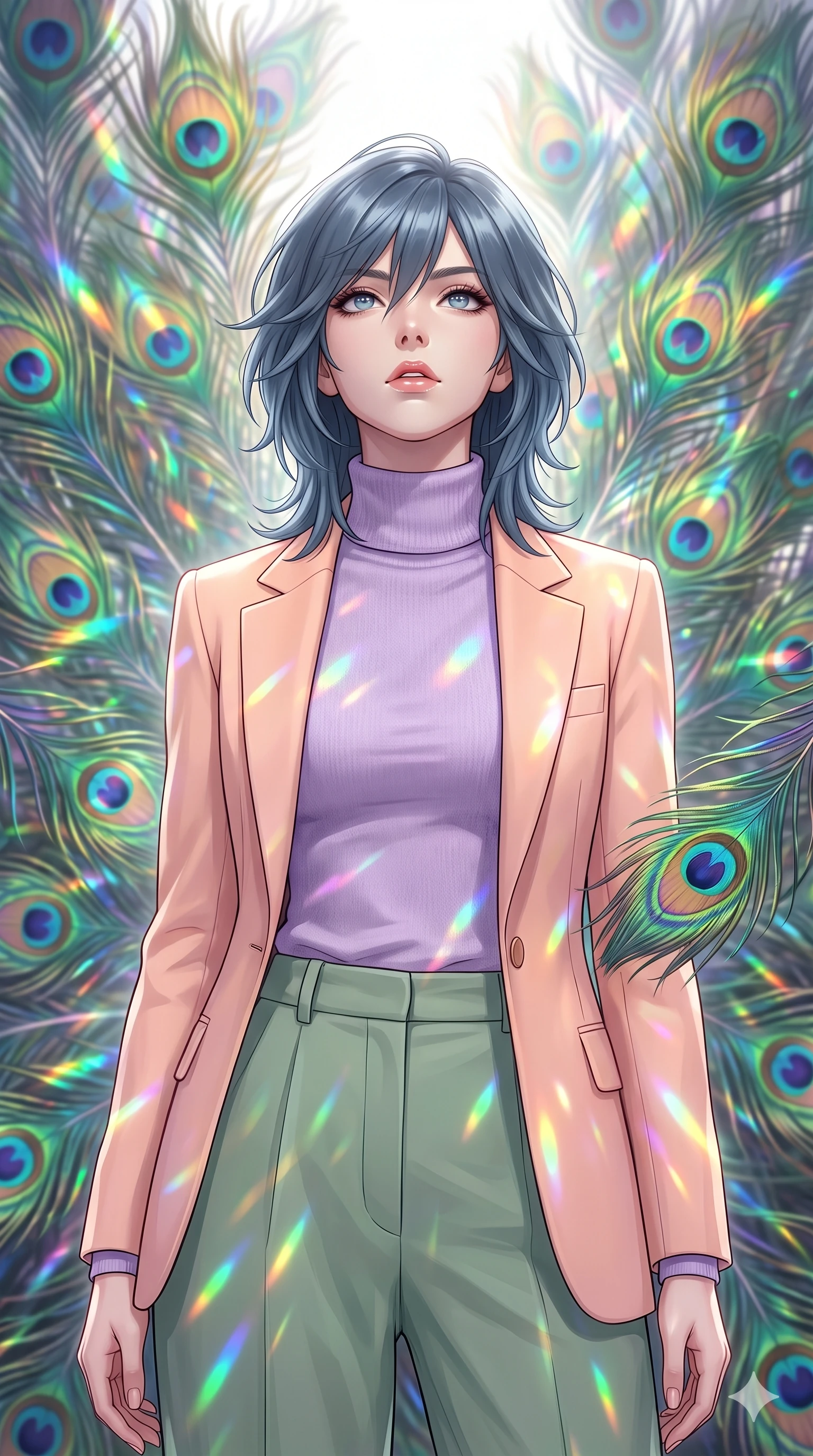 score_9, masterpiece, best quality, ultra-detailed, high-budget anime keyframe, editorial fashion photography, tasteful artistic composition, Caucasian woman, strictly human ears. close-up cowboy shot from the waist and thighs up, the character dominates the composition, filling the frame with her large presence, background elements kept in soft focus. Tilting her chin up slightly with lips parted in a composed expression. set against a soft-focus background of caught in a magnificent storm of thousands of iridescent peacock feathers that catch and scatter light into rainbow fractals as they swirl in complex spiraling patterns through the air. She has an exceptionally elegant and slender, willowy female figure with an ultra-slim waist, a gracefully sculpted slender torso, and a refined slim physique. sharp v-shaped jawline, high-bridge nose, intricate jewel-like eyes with depth, thick eyelashes, glossy lips with a natural sheen. wearing a soft lilac purple cashmere turtleneck layered under a pastel peach tailored blazer, paired with sage green wide-leg trousers. brilliant white key light from above refracting through the iridescent feather barbs into a dazzling display of emerald blue gold and violet scattered light. 2k, ultra detail, master piece, 9:16 ratio