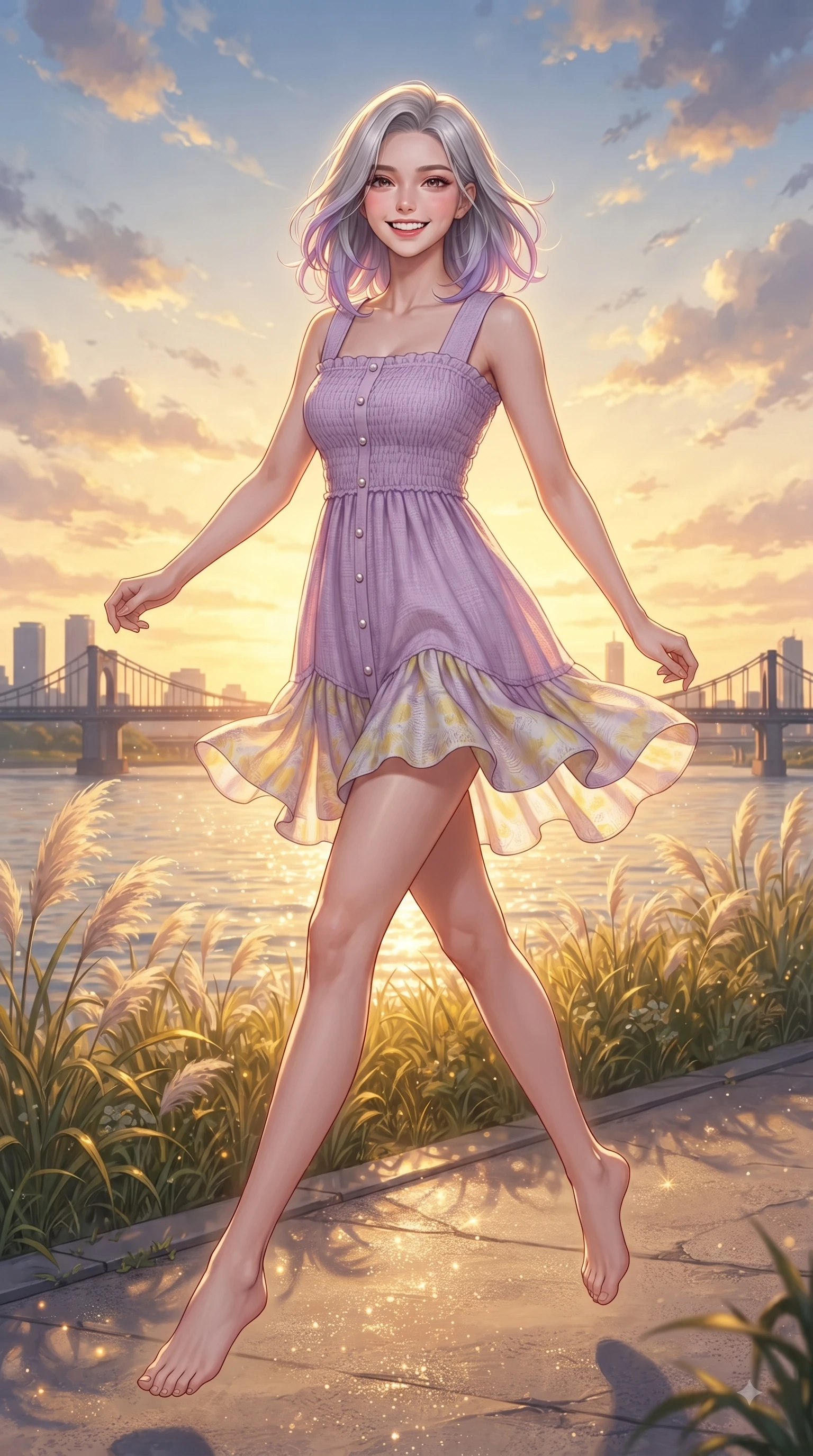score_9, masterpiece, best quality, ultra-detailed, high-budget anime keyframe, editorial fashion photography, tasteful artistic composition, Caucasian woman. low angle full-body shot from head to toe showing her feet, filling the entire 9:16 vertical frame with her statuesque presence, stretching her vertical silhouette. leaping with pure youthful energy through the scene with a radiant bright smile, her long slender legs balanced gracefully while walking cheerfully along a park pathway bordered by swaying pampas grass as sunset light paints the sky. The surrounding environment is rendered in vivid detail and crisp panoramic clarity. sparkling river waters, iconic city bridge silhouettes, and vibrant golden sunset sky clouds in crisp detail. She has an absolutely perfect, statuesque 8.5-heads proportion, an exceptionally tall and slender model-like female figure with impossibly long slender legs and an ultra-slim waist. sharp v-shaped jawline, high-bridge nose, intricate jewel-like eyes with depth, thick eyelashes, glossy lips with a natural sheen, flawlessly proportioned anatomical accuracy, natural body alignment, perfectly sculpted elegant limbs, clean dynamic posture without body distortion. wearing a romantic lilac square-neck sundress with soft smocked bodice and fluttery hem in bright butter yellow and fresh cream white, made of comfortable premium stretch denim and soft jersey, finished with subtle ruffle trims and delicate pearl buttons, the relaxed yet flattering fit accentuating her naturally graceful and slender figure. illuminated by soft glowing sunset reflections with cheerful golden rim lights. ultra-reflective glossy finish, specular highlights, metallic sheen, high-contrast stereoscopic depth, volumetric dynamic lighting, 2k, ultra detail, master piece, 9:16 ratio