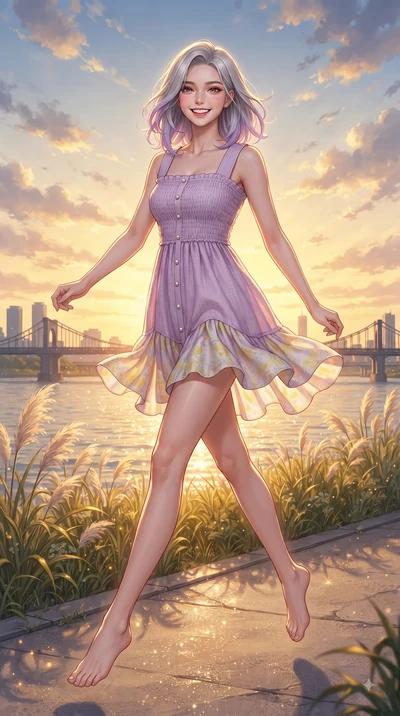 score_9, masterpiece, best quality, ultra-detailed, high-budget anime keyframe, editorial fashion photography, tasteful artistic composition, Caucasian woman. low angle full-body shot from head to toe showing her feet, filling the entire 9:16 vertica