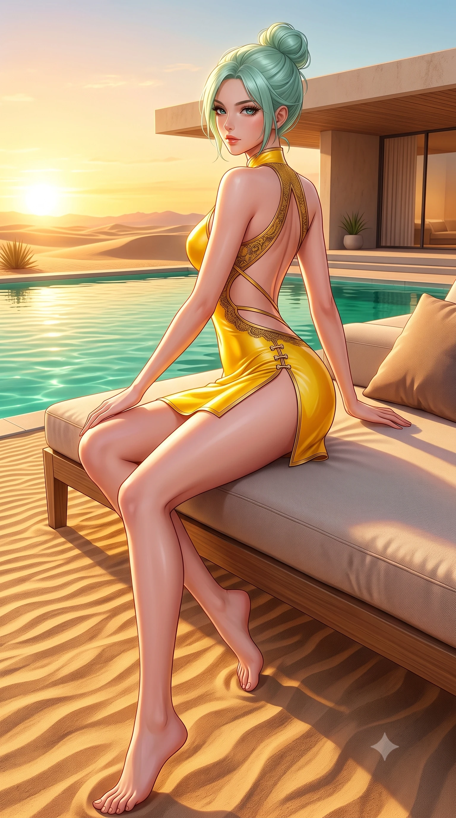 score_9, masterpiece, best quality, ultra-detailed, high-budget anime keyframe, semi-realistic 3D game render, editorial fashion photography, tasteful artistic composition, Japanese woman. low angle full-body shot from head to toe showing her feet, filling the entire 9:16 vertical frame with her statuesque presence, stretching her vertical silhouette. pivoting dynamically in mid-motion with a breathtakingly alluring posture, displaying her flawless model proportions and ultra-slim waist while reclining on a plush sunbed beside an emerald oasis pool flanked by modern desert villa architecture at golden hour. The surrounding environment is rendered in vivid detail and crisp panoramic clarity. crisp golden sand ripple patterns, glowing sunset sky gradients, and clean architectural lines in high clarity. She has an absolutely perfect, statuesque 8.5-heads proportion, an exceptionally tall and slender model-like female figure with impossibly long slender legs, a toned flat midriff, and an ultra-slim waist. sharp v-shaped jawline, high-bridge nose, intricate jewel-like eyes with depth, thick eyelashes, glossy lips with a natural sheen, flawlessly proportioned anatomical accuracy, strict slender model proportions, natural body alignment, perfectly sculpted long slender limbs, ultra-slim waistline, clean dynamic posture without body distortion. wearing a second-skin fashion-latex mini dress with a clean architectural front, featuring an open-back design that wraps around the sides of her waist, showcasing her slender silhouette in vibrant sunburst canary yellow and gold trim, crafted from delicate dark lace interwoven with luminescent micro-fibers, finished with an ultra-high side slit secured by miniature magnetic clasps, the liquid-tight tailored fabric emphasizing every curve of her tall, slender model proportions and sculptured silhouette during dynamic movement. bathed in blazing golden hour sunset radiance and warm amber horizon fill light. highly saturated vibrant anime colors, detailed shading with soft gradients, rich glossy textures, high-contrast stereoscopic depth, volumetric dynamic lighting, master piece, 9:16 ratio
