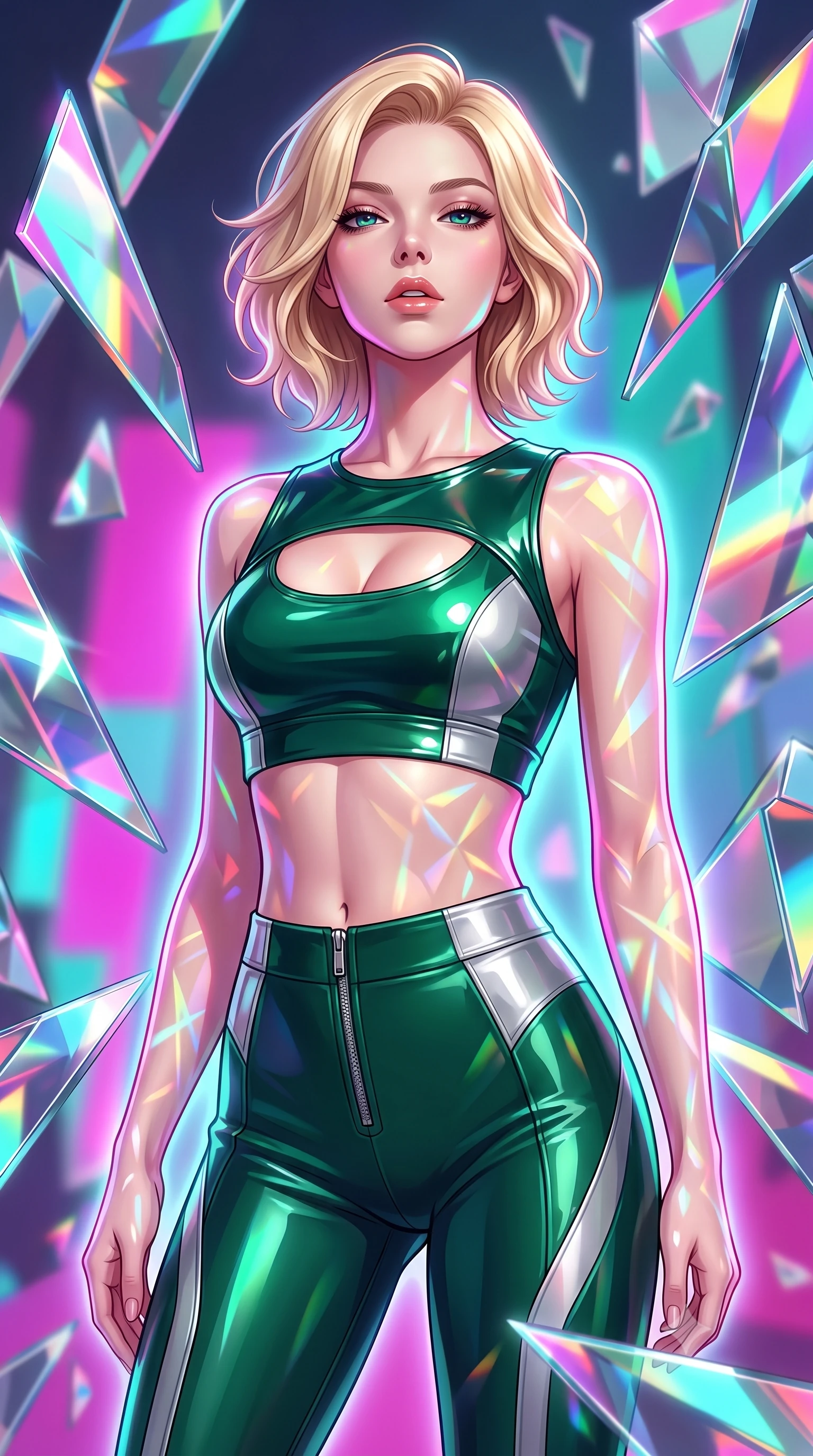 score_9, masterpiece, best quality, ultra-detailed, high-budget anime keyframe, editorial fashion photography, tasteful artistic composition, Caucasian woman. close-up cowboy shot from the waist and thighs up, the character dominates the composition, filling the frame with her large presence, background elements kept in soft focus. Tilting her chin up slightly with lips parted in a magnetic, composed expression surrounded by rotating shattered mirror sculptures reflecting bright acrylic colors, a kaleidoscope of refractions forming geometric light patterns on her skin. She has an exceptionally elegant, slender, and willowy female figure with an ultra-slim waist, a gracefully sculpted slender torso, and a refined silhouette. sharp v-shaped jawline, high-bridge nose, intricate jewel-like eyes with depth, thick eyelashes, glossy lips with a natural sheen. wearing a glossy vinyl crop top and high-waist tailored leggings with sleek zippers in deep emerald green and silver accent, formed from sleek second-skin neoprene, accented with a Tasteful chest slit framing her clavicle gracefully, the sleek second-skin texture accentuating her magnetic presence. surrounded by a radiant glow of magenta and aqua fluid highlights. highly saturated vibrant anime colors, detailed shading with soft gradients, rich glossy textures, high-contrast stereoscopic depth, volumetric dynamic lighting, master piece, 9:16 ratio