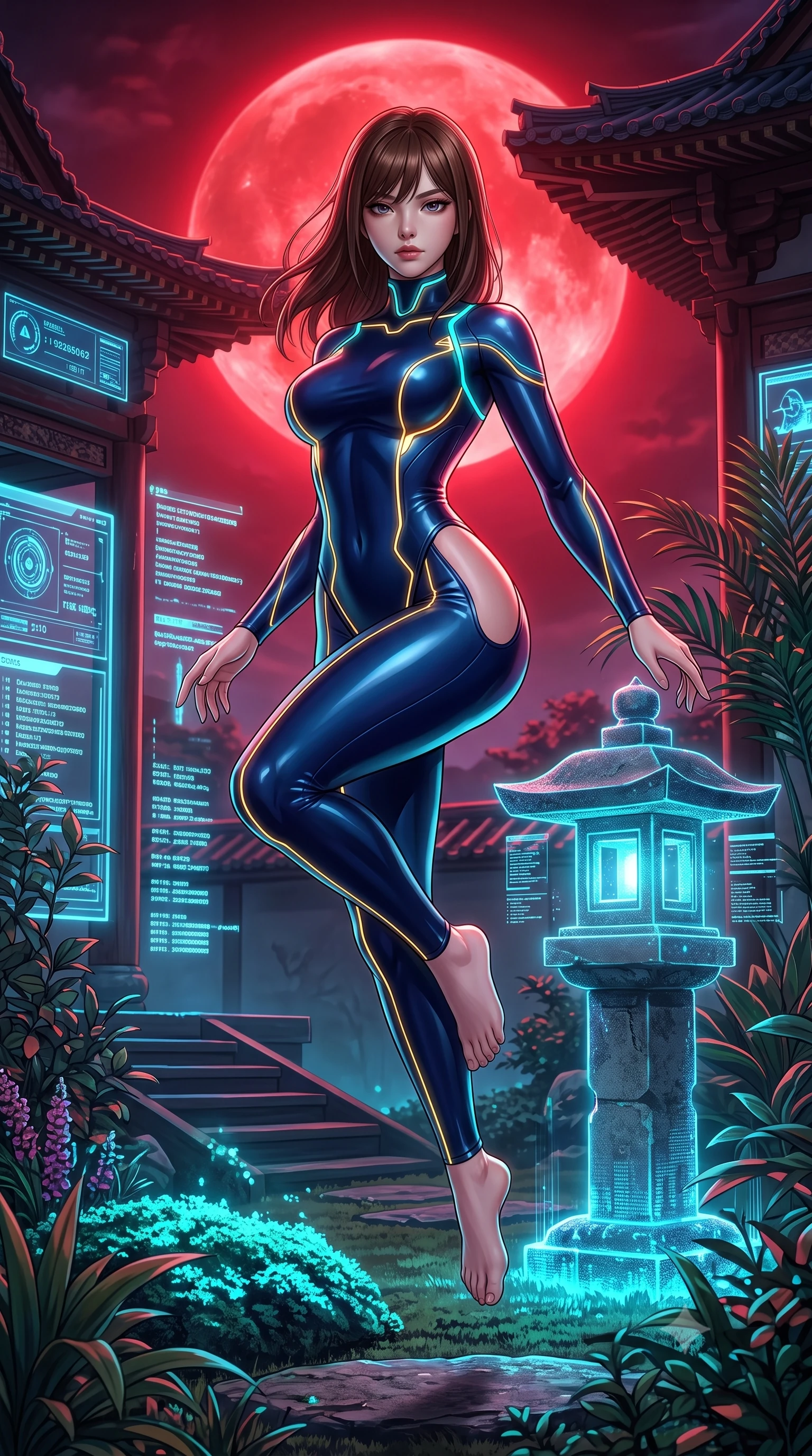 score_9, masterpiece, best quality, ultra-detailed, high-budget anime keyframe, semi-realistic 3D game render, editorial fashion photography, tasteful artistic composition, Korean woman. low angle full-body shot from head to toe showing her feet, filling the entire 9:16 vertical frame with her statuesque presence, stretching her vertical silhouette. performing an alluring mid-air vault with flawless poise, looking directly into the camera with smoldering intensity while pivoting gracefully beside a digital stone lantern as crimson moonlight casts a dramatic S-curve silhouette. The surrounding environment is rendered in vivid detail and crisp panoramic clarity. harmonious fusion of ancient oriental zen aesthetics and glowing cyberpunk technology in high clarity. She has an absolutely perfect, statuesque 8.5-heads proportion, an exceptionally tall and slender model-like female figure with impossibly long slender legs and an ultra-slim waist. sharp v-shaped jawline, high-bridge nose, intricate jewel-like eyes with depth, thick eyelashes, glossy lips with a natural sheen, flawlessly proportioned anatomical accuracy, natural body alignment, perfectly sculpted elegant limbs, clean dynamic posture without body distortion. wearing a skin-tight cybernetic bodysuit with glowing neon seams, deep hip cutouts, and an aerodynamic athletic fit in midnight sapphire blue and glowing gold filaments, crafted from ultra-reflective second-skin latex with a glass-like polish, accented with glowing fiber-optic seams tracing her collarbones and hip curves, the glove-like fit tightly following every curve of her statuesque athletic build. bathed in dramatic crimson blood-moon backlighting and glowing cyan moss ambient fill. highly saturated vibrant anime colors, detailed shading with soft gradients, rich glossy textures, high-contrast stereoscopic depth, volumetric dynamic lighting, master piece, 9:16 ratio