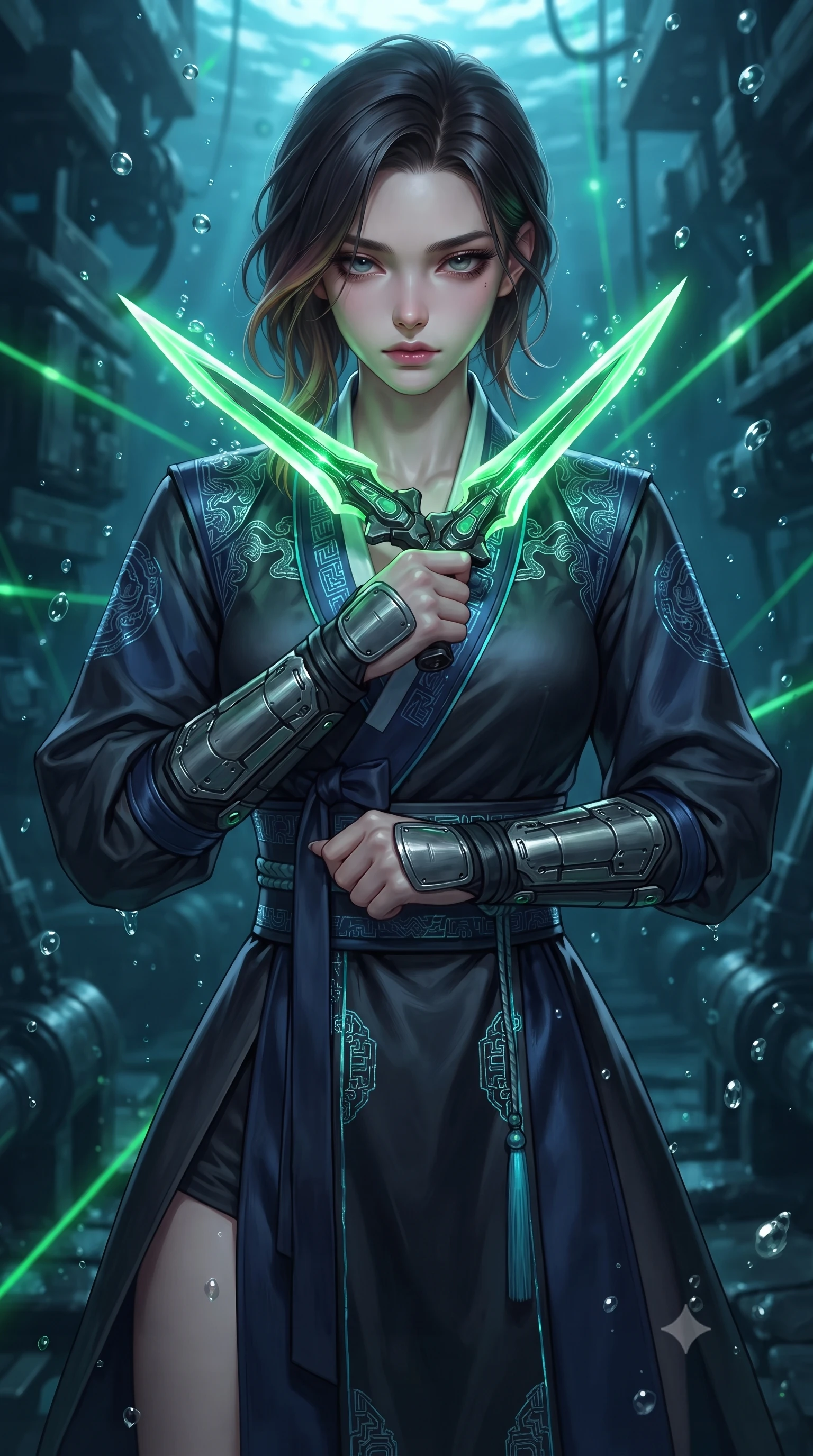score_9, masterpiece, best quality, ultra-detailed, high-budget anime keyframe, editorial fashion photography, tasteful artistic composition, Korean woman. close-up cowboy shot from the waist and thighs up, the character dominates the composition, filling the frame with her large presence, background elements kept in soft focus. holding two energy daggers crossed in front of her elegant collarbone, casting a heavy-lidded, sultry look, the background shows a soft-focus an underwater dock for personal submarines made of dark basalt stone. She has an exceptionally elegant, slender, and willowy female figure with an ultra-slim waist, a gracefully sculpted slender torso, and a refined silhouette. sharp v-shaped jawline, high-bridge nose, intricate jewel-like eyes with depth, thick eyelashes, glossy lips with a natural sheen. wearing a tailored modern fusion cyber-hanbok robes featuring neon-stitch silk panels and reinforced composite shin guards. fluorescent green dock status lasers refracting through water droplets. ultra-reflective glossy finish, specular highlights, metallic sheen, high-contrast stereoscopic depth, volumetric dynamic lighting, 2k, ultra detail, master piece, 9:16 ratio