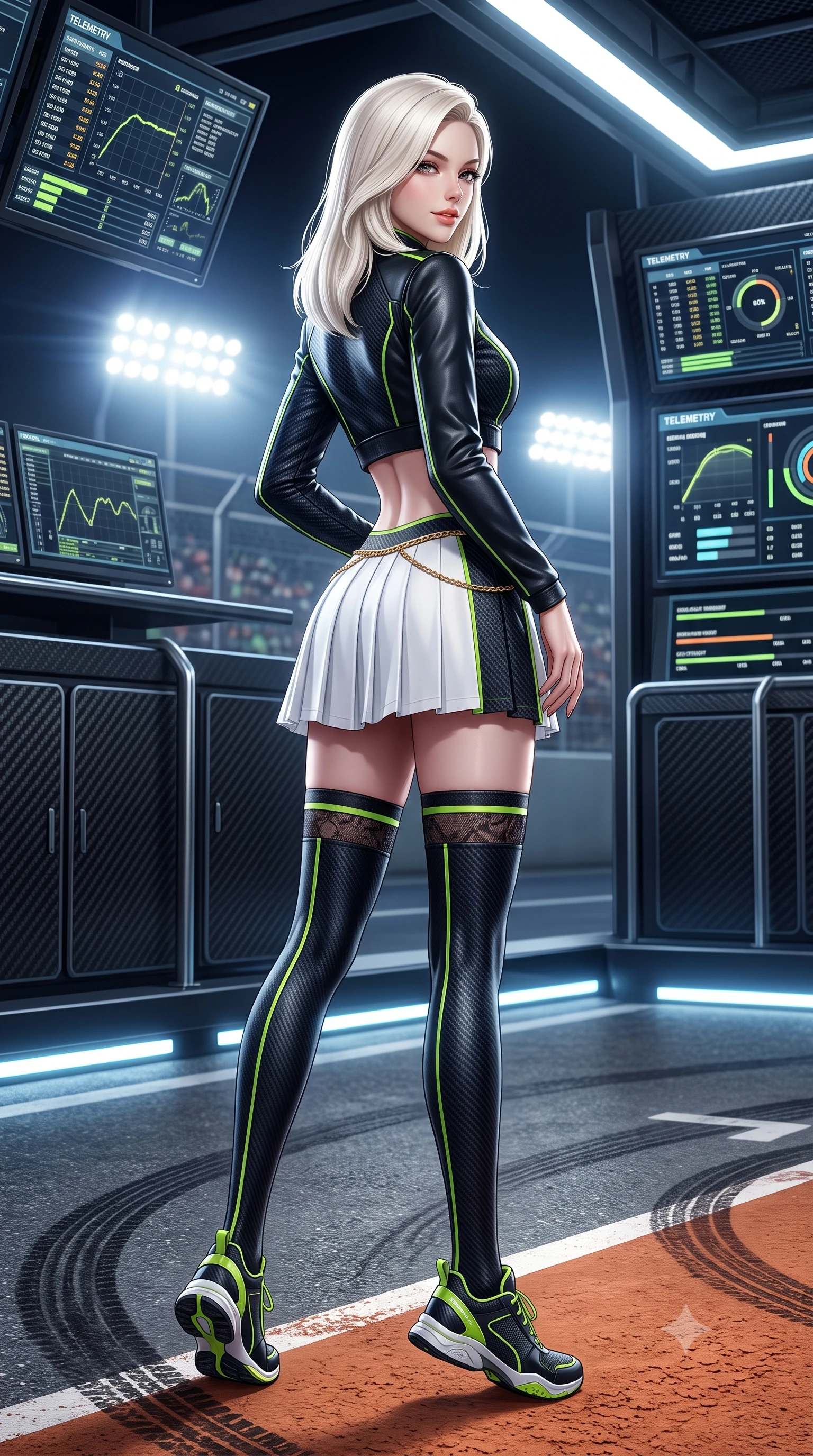 score_9, masterpiece, best quality, ultra-detailed, high-budget anime keyframe, semi-realistic 3D game render, editorial fashion photography, tasteful artistic composition, Caucasian woman. low angle full-body shot from head to toe showing her feet, filling the entire 9:16 vertical frame with her statuesque presence, stretching her vertical silhouette. walking slowly along the clay court baseline, looking back over her shoulder with an air of effortless grace and an alluring, smoldering smile while standing poised on the illuminated pit wall overlooking the brightly lit pit straight, arching her back with high-octane racing queen glamour. The surrounding environment is rendered in vivid detail and crisp panoramic clarity: sharp telemetry monitor graphic screens, carbon pit wall panel textures, and asphalt tire rubber scuffs in deep focus. She has an absolutely perfect, statuesque 8.5-heads proportion, an exceptionally tall and slender model-like female figure with impossibly long slender legs, an ultra-slim waist, a flat toned midriff, narrow delicate ribcage, and beautifully sculpted feminine hips creating a graceful, slim hourglass silhouette without any bulky heaviness. sharp v-shaped jawline, high-bridge nose, sparkling eyes with athletic focus and depth, thick curled eyelashes, glossy parted lips with a natural coral-peach sheen, bright confident and coquettish smile with alluring bedroom-eyes, exuding both youthful sporty vigor and sovereign high-society glamour, flawlessly proportioned anatomical accuracy, strict slender model proportions, natural body alignment, perfectly sculpted long slender limbs, ultra-slim waistline, clean dynamic posture without body distortion. wearing a cropped zip-front racing leather bolero jacket paired with a micro-pleated white tennis mini-skirt and thigh-high sports socks in deep midnight carbon and luminous lime green piping, crafted from sheer delicate stretch lace reinforced with technical sport threads, accented with a delicate gold chain belt resting loosely on her curvy hips, the form-fitting tailored bodice adhering flawlessly to her sculpted flat midriff and slender torso, emphasizing her long leg lines and perfectly proportioned willowy build. bathed in intense, high-contrast track floodlight white and pit-box neon accents. highly saturated vibrant anime colors, detailed shading with soft gradients, rich glossy textures, high-contrast stereoscopic depth, volumetric dynamic lighting, master piece, 9:16 ratio