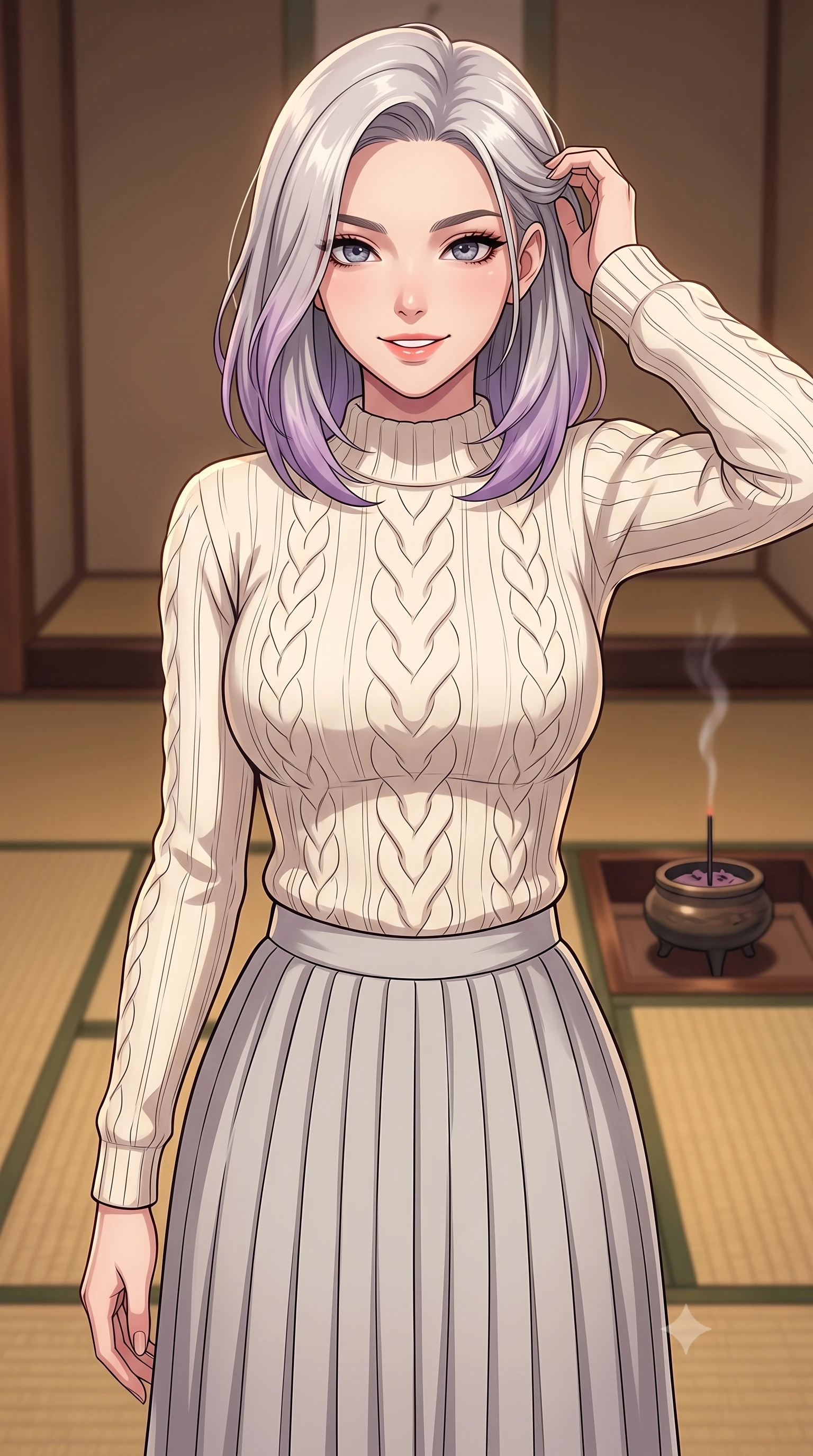 score_9, masterpiece, best quality, ultra-detailed, high-budget anime keyframe, tasteful artistic composition, Caucasian woman. close-up cowboy shot from the waist and thighs up, the character dominates the composition, filling the frame with her large presence, background elements kept in soft focus. smiling with quiet, magnetic self-assurance directly into the camera, running a hand through her hair the background shows a soft-focus a quiet traditional tea room with tatami mats and a burning incense burner. She has an exceptionally elegant, slender, and willowy female figure with an ultra-slim waist, a gracefully sculpted slender torso, and a refined silhouette. sharp v-shaped jawline, high-bridge nose, intricate jewel-like eyes with depth, thick eyelashes, glossy lips with a natural sheen. wearing a body-hugging cozy cable-knit sweater in ivory, paired with a pleated light grey midi skirt. low-contrast, soft warm ambient uplight casting a peaceful glow. highly saturated vibrant anime colors, cel-shading, 2d style, master piece, 9:16 ratio
