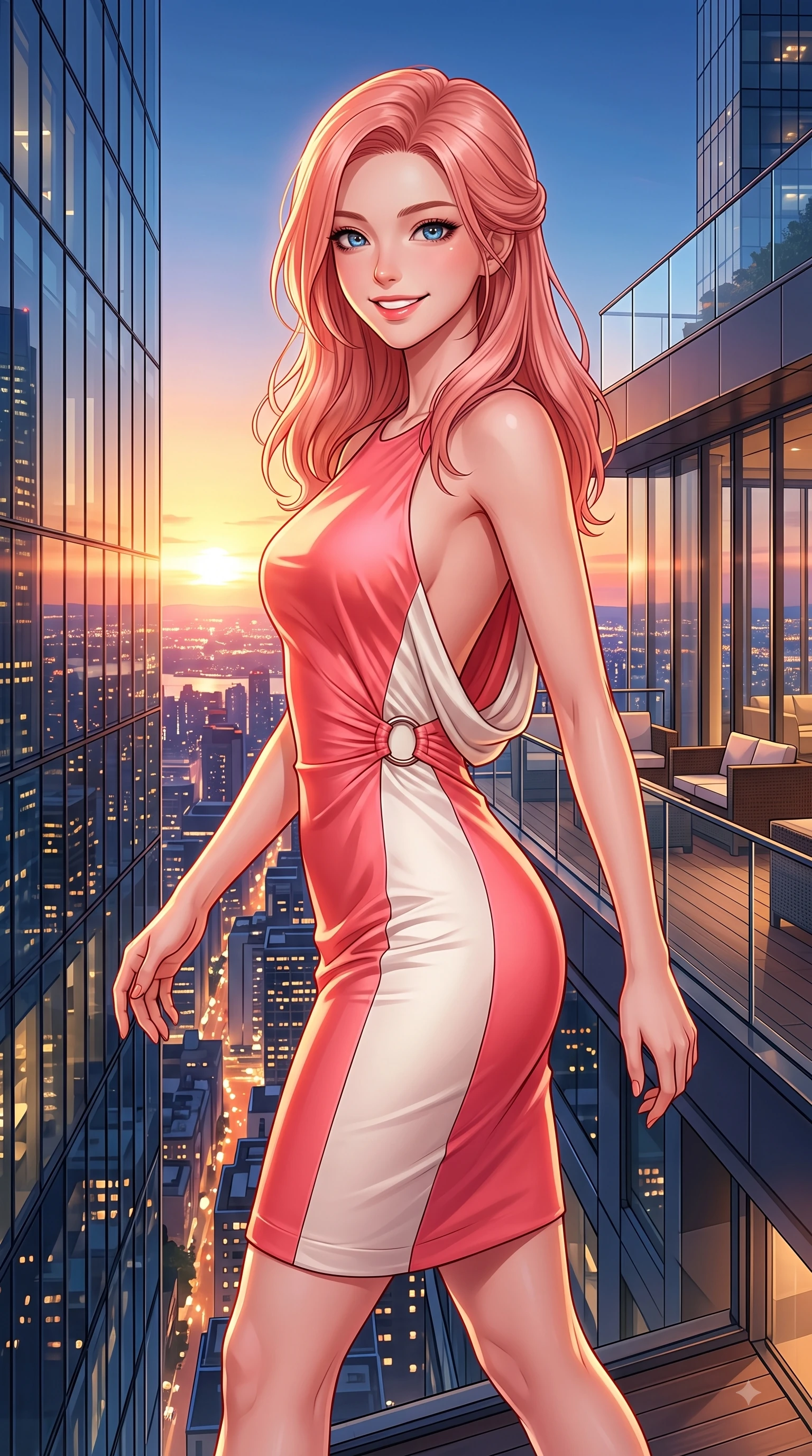 score_9, masterpiece, best quality, ultra-detailed, high-budget anime keyframe, editorial fashion photography, tasteful artistic composition, Japanese woman. close-up cowboy shot from the waist and thighs up, the character dominates the composition, filling the frame with her large presence. Gazing directly into the camera with a fresh, infectious smile as her torso curves dynamically in mid-stride while stepping gracefully onto an open-air rooftop terrace as sunset city lights twinkle below. The surrounding environment is rendered in vivid detail and crisp panoramic clarity. glistening skyscraper glass facades, rooftop deck furniture, and glass railings in deep focus. She has an exceptionally elegant, slender, and willowy female figure with an ultra-slim waist, a gracefully sculpted slender torso, and a refined silhouette. sharp v-shaped jawline, high-bridge nose, intricate jewel-like eyes with depth, thick eyelashes, glossy lips with a natural sheen, flawlessly proportioned anatomical accuracy, natural body alignment, perfectly sculpted elegant limbs, clean dynamic posture without body distortion. wearing a precision-fitted bodycon dress with a graceful open draped back in vibrant coral pink and pure ivory, crafted from smooth liquid silk satin, accented with subtle metallic ring hardware framing her waist, the form-contouring material highlighting her ultra-slim waist and long lines. bathed in dramatic golden hour sunset glow and vibrant urban night lights. highly saturated vibrant anime colors, detailed shading with soft gradients, rich glossy textures, high-contrast stereoscopic depth, volumetric dynamic lighting, master piece, 9:16 ratio