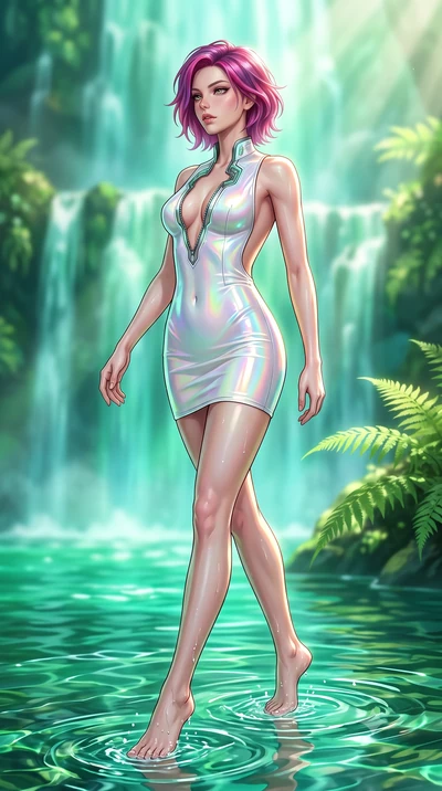 score_9, masterpiece, best quality, ultra-detailed, high-budget anime keyframe, semi-realistic 3D game render, editorial fashion photography, tasteful artistic composition, Caucasian woman. low angle full-body shot from head to toe showing her feet, 