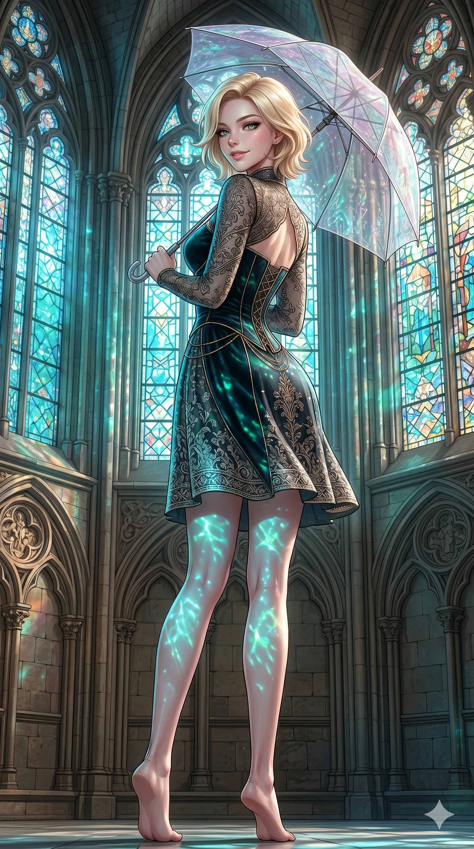 score_9, masterpiece, best quality, ultra-detailed, high-budget anime keyframe, editorial fashion photography, tasteful artistic composition, Caucasian woman, strictly human ears. cowboy shot from the thighs up, character and outfit filling the frame for maximum editorial presence. holding a translucent umbrella, looking over her shoulder with a magnetic smile in a gothic stone cathedral sanctuary with towering stained-glass windows (Code-P18-176). She has an absolutely perfect 8-heads proportion, an exceptionally tall and slender female figure with impossibly long slender legs and an ultra-slim waist. V-shaped jawline, high-bridge nose, intricate jewel-like eyes with depth, thick eyelashes, glossy lips with a natural sheen. wearing a dark velvet structured bodice combined with a fine patterned embroidery shrug. cyan and emerald light from the aquarium tanks casting glittering patterns on her skin. 2k, ultra detail, master piece, 9:16 ratio