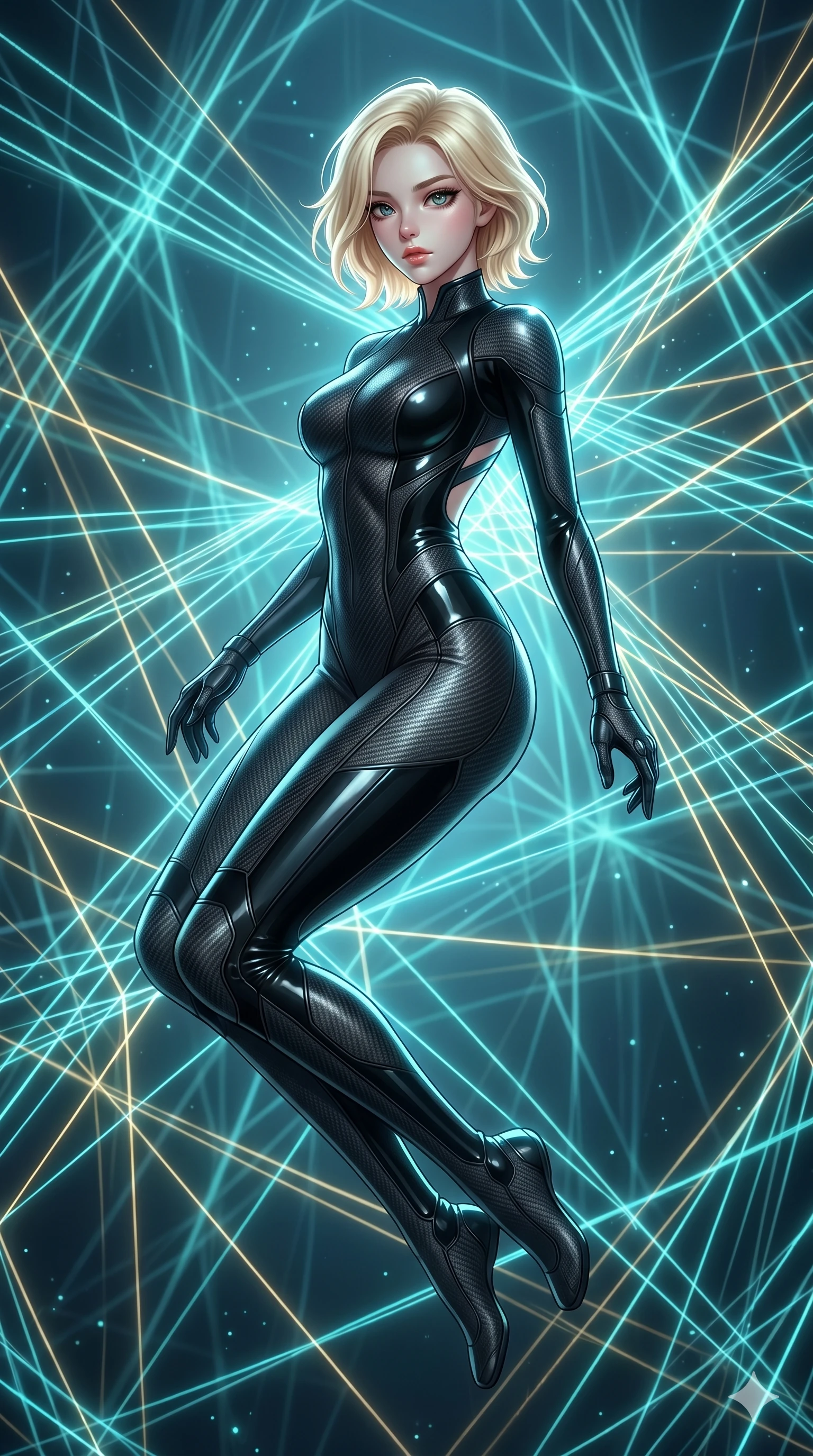 score_9, masterpiece, best quality, ultra-detailed, high-budget anime keyframe, Korean woman. upper body close-up from the thighs up, character filling the screen for maximum presence. floating suspended in an ethereal loom room where millions of luminescent cyan and gold threads intersect and weave geometric patterns. She has an absolutely perfect 8-heads proportion, an exceptionally tall and slender female figure with impossibly long slender legs and an ultra-slim waist. V-shaped jawline, high-bridge nose, intricate jewel-like eyes with depth, thick eyelashes, glossy lips with a natural sheen.. wearing a second-skin carbon fiber combat suit, featuring matte carbon fiber and glossy latex panels with elegant slitted cutouts on the upper back. lit by a soft glowing ambient light and a sharp side key light that traces the sleek contours of her athletic build. 2k, ultra detail, master piece, 9:16 ratio
