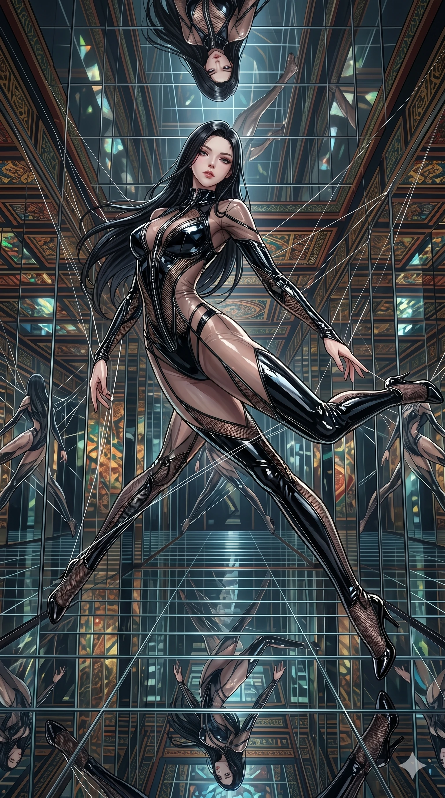 score_9, masterpiece, best quality, ultra-detailed, High-budget Anime Keyframe, East Asian woman. Dynamic full-body shot stretching the vertical silhouette to the limit. Scenario 166: Suspended by invisible silk threads in a hall of mirrors. Her presence is magnetic and overpowering in this high-budget anime scene. Outfit 166: A patent leather mesh with a unzipped detail and translucent layers. The clothing is designed to emphasize her exceptionally tall and slender 8-heads proportion. 8-heads proportion, towering silhouette, ultra-slim waist. sharp v-shaped jawline, intricate jewel-like eyes with depth, thick eyelashes, glossy lips. 2k, ultra detail, master piece, 9:16 ratio