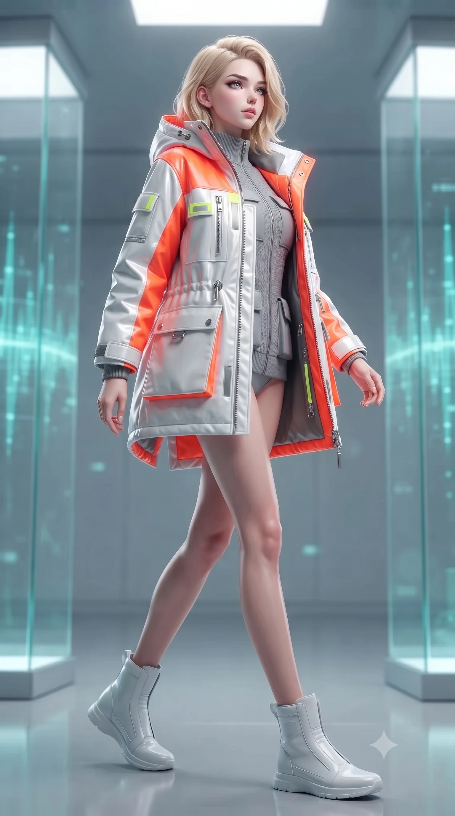 score_9, masterpiece, best quality, ultra-detailed, high-budget anime keyframe, editorial fashion photography, tasteful artistic composition, Caucasian woman. low angle full-body shot from head to toe showing her feet, filling the entire 9:16 vertical frame with her statuesque presence, stretching her vertical silhouette. stepping gracefully while looking back over her shoulder, her dress draped tightly to reveal her silhouette the background shows a soft-focus a secret database chamber with geometric glass columns emitting digital pulse waves. She has an absolutely perfect, statuesque 8.5-heads proportion, an exceptionally tall and slender model-like female figure with impossibly long slender legs and an ultra-slim waist. sharp v-shaped jawline, high-bridge nose, intricate jewel-like eyes with depth, thick eyelashes, glossy lips with a natural sheen. wearing a slim-fit heavy polar-station parka in white and neon orange tech-fabric, over a grey utility sweater. rhythmic cyan and emerald light pulses reflecting off her silhouette. ultra-reflective glossy finish, specular highlights, metallic sheen, high-contrast stereoscopic depth, volumetric dynamic lighting, 2k, ultra detail, master piece, 9:16 ratio