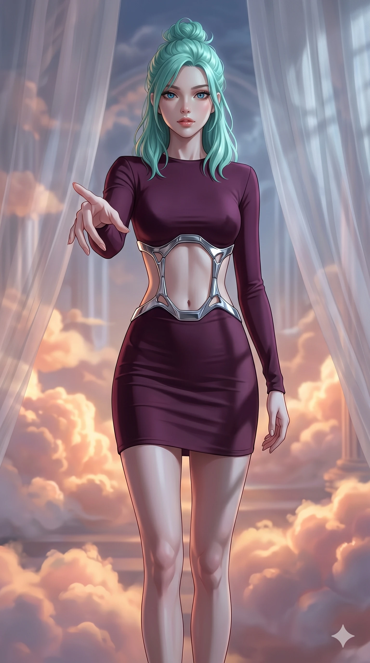 score_9, masterpiece, best quality, ultra-detailed, high-budget anime keyframe, editorial fashion photography, tasteful artistic composition, Japanese woman. cowboy shot from the thighs up, character and outfit filling the frame for maximum editorial presence. Reaching one hand toward the viewer with relaxed elegance inside a luminous cloud palace where cumulus formations glow with amber and rose from within. She has an absolutely perfect 8-heads proportion, an exceptionally tall and slender female figure with impossibly long slender legs and an ultra-slim waist. V-shaped jawline, high-bridge nose, intricate jewel-like eyes with depth, thick eyelashes, glossy lips with a natural sheen. wearing a deep plum precision bodycon mini dress with a dramatic architectural open-waist cutout framed by sculptural chrome hardware, the fitted fabric emphasizing her ultra-slim waist above and below. bathed in cold silver moonlight filtered through translucent gossamer curtains casting soft shadows on her curves. 2k, ultra detail, master piece, 9:16 ratio