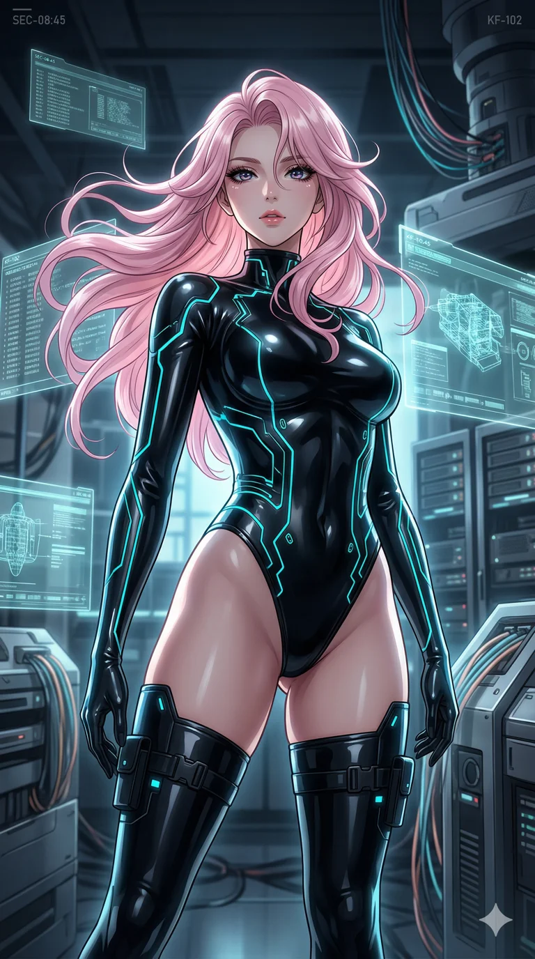score_9, masterpiece, best quality, ultra-detailed, semi-realistic high-budget anime keyframe, an incredibly beautiful Japanese woman. Low angle cowboy shot filling the frame. She has an absolutely perfect 8-heads proportion, an exceptionally tall female figure with a slim-fit toned body. Her face is a highly detailed masterpiece featuring a v-shaped jawline, high-bridge nose, intricate jewel-like eyes, thick eyelashes, and glossy lips. She has pastel pink flowing hair. She is wearing a tight-fitting glossy latex bodysuit with glowing cyan circuitry patterns, high-cut thigh-high boots, highlighting her alluring silhouette. Cybernetic laboratory, holographic screens, dramatic rim lighting, cinematic shadows, 2k, ultra detail, master piece, 9:16 ratio