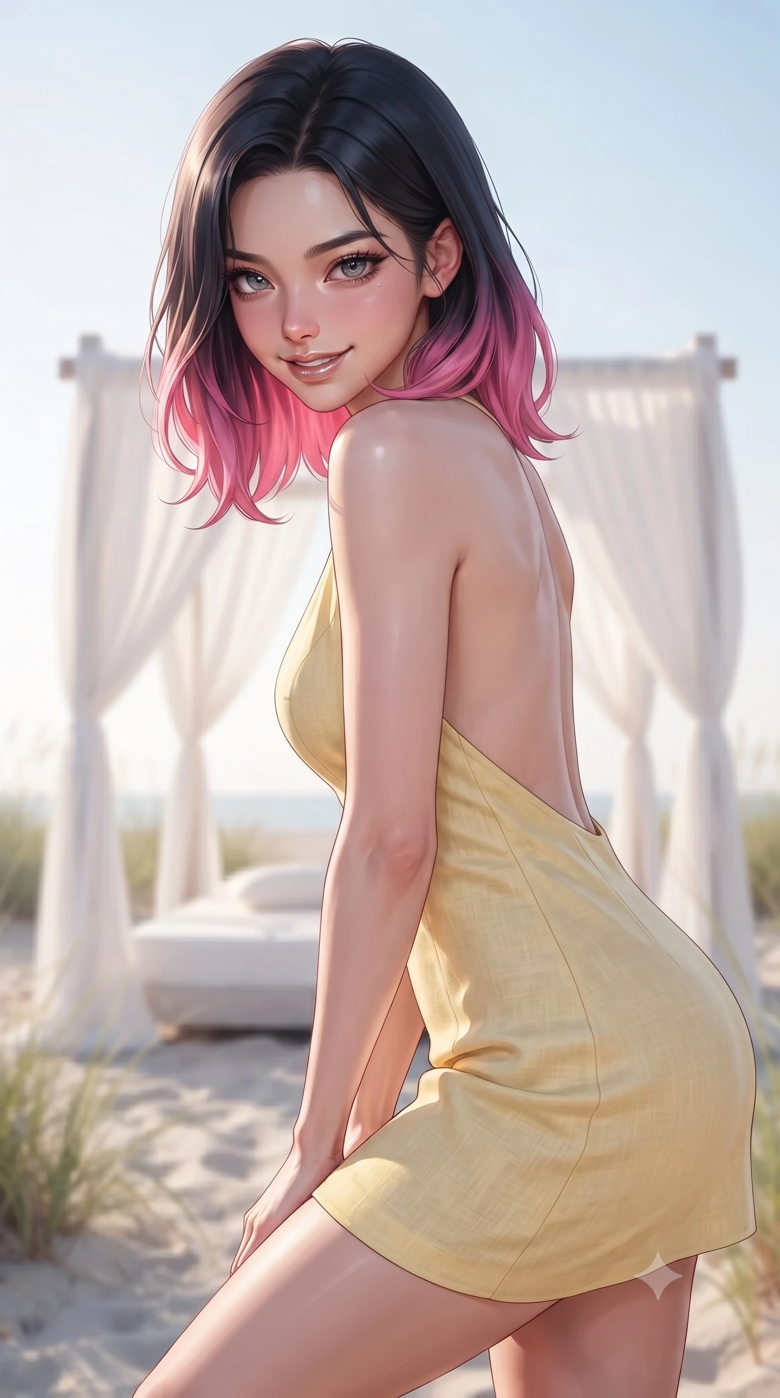 score_9, masterpiece, best quality, ultra-detailed, high-budget anime keyframe, editorial fashion photography, tasteful artistic composition, Korean woman woman. close-up cowboy shot from the waist and thighs up, the character dominates the composition, filling the frame with her large presence, background elements kept in soft focus. leaning slightly forward with a playful, teasing smile, her gaze locked onto the viewer the background shows a soft-focus a white fabric canopy set on the sand, surrounded by beachgrass under a clear sky. She has an exceptionally elegant, slender, and willowy female figure with an ultra-slim waist, a gracefully sculpted slender torso, and a refined silhouette. sharp v-shaped jawline, high-bridge nose, intricate jewel-like eyes with depth, thick eyelashes, glossy lips with a natural sheen. wearing a slim-fit backless summer sundress in pale yellow linen, showing her elegant shoulder blades. soft afternoon light filtering through the white canopy cloth. ultra-reflective glossy finish, specular highlights, metallic sheen, high-contrast stereoscopic depth, volumetric dynamic lighting, 2k, ultra detail, master piece, 9:16 ratio