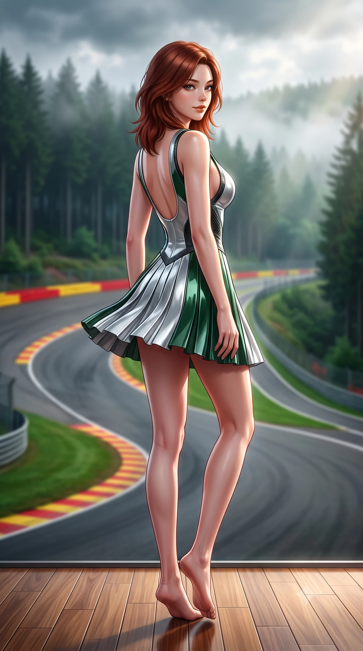 score_9, masterpiece, best quality, ultra-detailed, high-budget anime keyframe, semi-realistic 3D game render, editorial fashion photography, tasteful artistic composition, Korean woman. low angle full-body shot from head to toe showing her feet, filling the entire 9:16 vertical frame with her statuesque presence, stretching her vertical silhouette. executing an athletic pivot turn as her pleated tennis skirt flutters around her slender legs, glancing over her shoulder with an intoxicating, teasing bedroom-gaze while lounging in a heated team hospitality booth with one knee drawn up, her sleek racing outfit commanding the misty Belgian forest circuit. The background shows a soft-focus the iconic curving red-and-yellow Eau Rouge curbs and towering pine-covered Ardennes hills blurred into forest green, crimson, and mist bokeh. She has an absolutely perfect, statuesque 8.5-heads proportion, an exceptionally tall and slender model-like female figure with impossibly long slender legs, an ultra-slim waist, a flat toned midriff, narrow delicate ribcage, and beautifully sculpted feminine hips creating a graceful, slim hourglass silhouette without any bulky heaviness. sharp v-shaped jawline, high-bridge nose, sparkling eyes with athletic focus and depth, thick curled eyelashes, glossy parted lips with a natural coral-peach sheen, bright confident and coquettish smile with alluring bedroom-eyes, exuding both youthful sporty vigor and sovereign high-society glamour, flawlessly proportioned anatomical accuracy, strict slender model proportions, natural body alignment, perfectly sculpted long slender limbs, ultra-slim waistline, clean dynamic posture without body distortion. wearing a deep V-neck knit tennis dress with an open-back scoop and knife-pleated skirt tracing her narrow waist and hips in alpine silver platinum and forest green, made of high-gloss reflective patent leather with mirror-like specular highlights, accented with sleek aerodynamic carbon-fiber hip pads framing her narrow waist, the high-waisted wrap tailoring accentuating her ultra-slim waistline and the enchanting curve of her feminine hips with alluring sporty charm. bathed in dynamic shifting Ardennes sunbeams breaking through moody forest clouds. highly saturated vibrant anime colors, detailed shading with soft gradients, rich glossy textures, high-contrast stereoscopic depth, volumetric dynamic lighting, master piece, 9:16 ratio