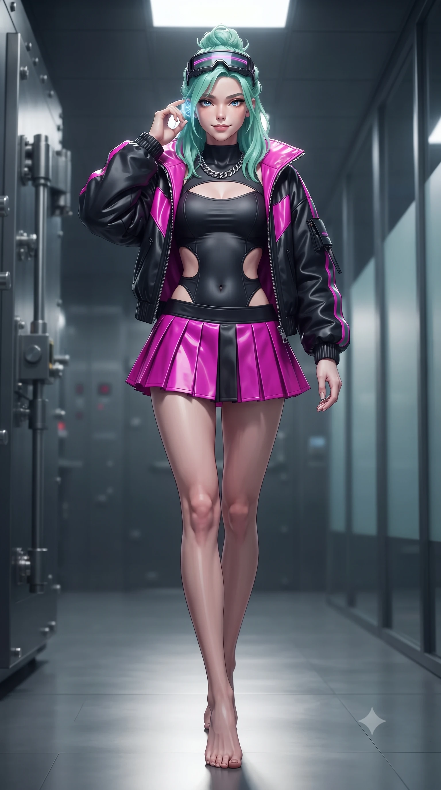 score_9, masterpiece, best quality, ultra-detailed, high-budget anime keyframe, editorial fashion photography, tasteful artistic composition, Japanese woman. low angle full-body shot from head to toe showing her feet, filling the entire 9:16 vertical frame with her statuesque presence, stretching her vertical silhouette. striding forward in a proud, dynamic supermodel runway stride, her statuesque vertical silhouette commanding the entire frame while standing poised between narrow laser beam corridors, tapping her holographic earpiece with a cool, triumphant smirk. The composition keeps background elements in soft focus with creamy bokeh. heavy vault door locking bolts and frosted glass partition walls softened in moody shallow depth of field. She has an absolutely perfect, statuesque 8.5-heads proportion, an exceptionally tall and slender model-like female figure with impossibly long slender legs, a toned flat midriff, and an ultra-slim waist. sharp v-shaped jawline, high-bridge nose, intricate jewel-like eyes with depth, thick eyelashes, glossy lips with a natural sheen, captivating and magnetic expression, flawlessly proportioned anatomical accuracy, strict slender model proportions, natural body alignment, perfectly sculpted long slender limbs, ultra-slim waistline, clean dynamic posture without body distortion. wearing a daring cutout cyberpunk bodysuit paired with an oversized neon-accented bomber jacket and pleated micro-skirt in matte black and vivid magenta, tailored from second-skin aerodynamic stretch vinyl and insulated satin, accessorized with a chunky silver chain necklace and cyber-visor goggles resting on her brow edition #28, the liquid-tight tailored fabric emphasizing every curve of her tall, slender model proportions and sculptured silhouette during dynamic movement. surrounded by a deadly, sophisticated, and irresistibly alluring secret agent femme fatale aura. ultra-reflective glossy finish, specular highlights, rich textural contrasts, high-contrast stereoscopic depth, volumetric dynamic lighting, 2k, ultra detail, master piece, 9:16 ratio