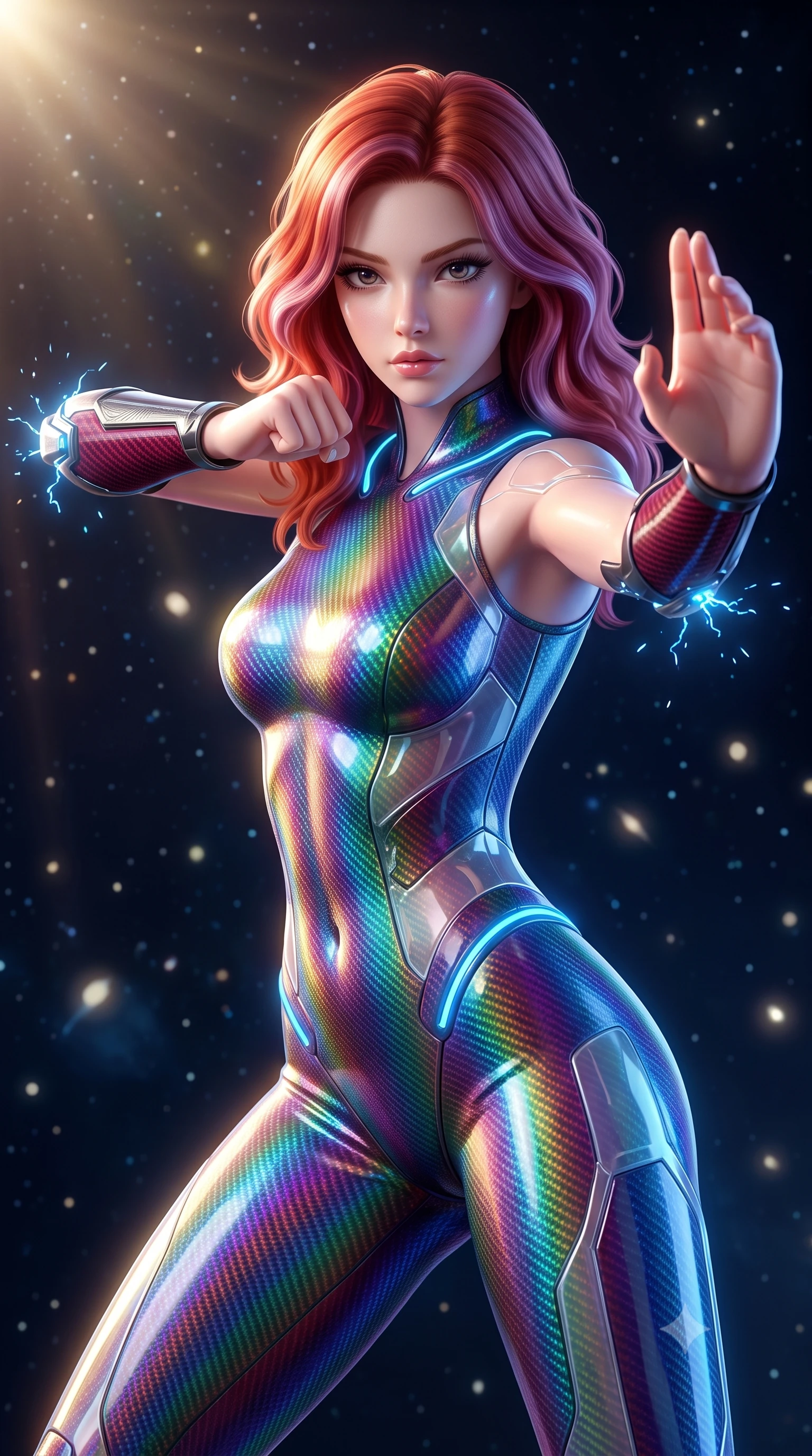 score_9, masterpiece, best quality, ultra-detailed, high-budget anime keyframe, semi-realistic 3D game render, editorial fashion photography, tasteful artistic composition, Caucasian woman. close-up cowboy shot from the waist and thighs up, the character dominates the composition, filling the frame with her large presence. twisting her upper body in a dynamic S-curve martial arts stance, cybernetic elbow dampers emitting subtle electric sparks as she aims a focused palm strike while hovering weightlessly with one palm extended in a calm Panzer Kunst guard stance, gazing into the lens with divine focus. The composition keeps background elements in soft focus with creamy bokeh. distant starlight and solar flare rays scattering soft glowing light motes across a deep space backdrop. She has an exceptionally elegant, slender, and willowy female figure with an ultra-slim waist, a gracefully sculpted slender torso, toned flat midriff, and a refined slim silhouette. sharp v-shaped jawline, high-bridge nose, intricate jewel-like eyes with depth, thick eyelashes, glossy lips with a natural sheen, flawlessly proportioned anatomical accuracy, strict slender model proportions, natural body alignment, perfectly sculpted long slender limbs, ultra-slim waistline, clean dynamic posture without body distortion. wearing a high-gloss iridescent rainbow carbon-weave bodysuit with translucent cybernetic panels and Damascus-steel forearm bracers in deep crimson carbon weave with specular dark chrome accents, made of liquid carbon-jersey fabric adhering flawlessly to her sculpted silhouette, accented with glowing fiber-optic conduits tracing her collarbones and hip curves, the sleek second-skin cut tightly hugging her graceful clavicle, narrow waist, and feminine curves with athletic precision. bathed in dazzling natural orbital sunlight and rich blue planetary ambient bounce light. rich saturated anime colors with glowing neon highlights, detailed shading with soft gradients, rich glossy textures, high-contrast stereoscopic depth, volumetric dynamic lighting, master piece, 9:16 ratio