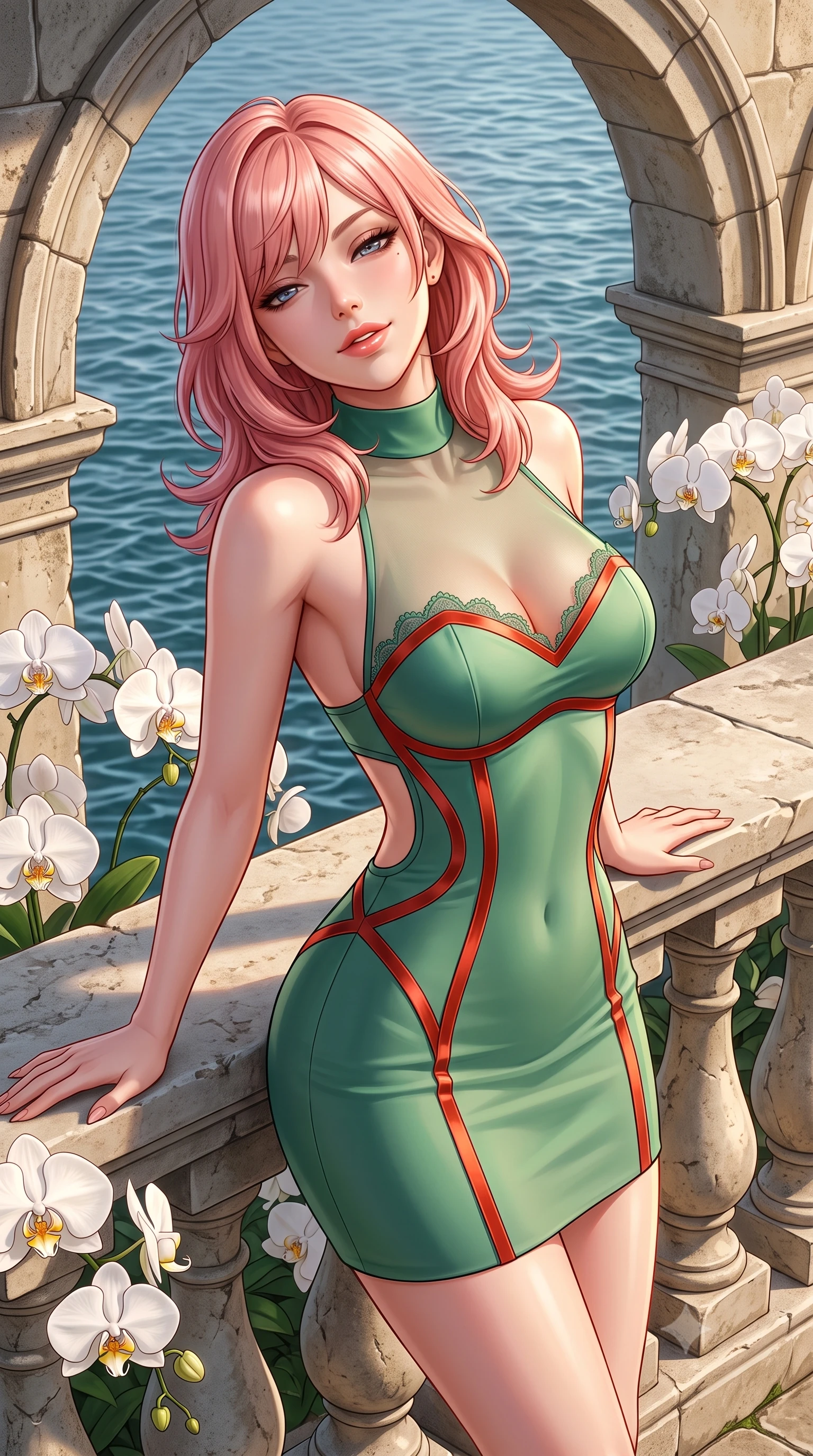 score_9, masterpiece, best quality, ultra-detailed, high-budget anime keyframe, semi-realistic 3D game render, editorial fashion photography, tasteful artistic composition, Japanese woman. close-up cowboy shot from the waist and thighs up, the character dominates the composition, filling the frame with her large presence. leaning back against the balustrade with relaxed seductive grace, head tilted back slightly while casting a hypnotic, heavy-lidded gaze while leaning against the stone parapet surrounded by blooming white orchids with hips cocked back, casting a smoldering glance toward the harbor. The surrounding environment is rendered in vivid detail and crisp panoramic clarity: sharp orchid petal textures, weathered limestone arch joints, and harbor water ripple clarity in deep focus. She has an exceptionally elegant, slender, and willowy female figure with an ultra-slim waist, flat toned midriff, narrow ribcage, and sculpted feminine hips creating an alluring, slim hourglass silhouette without bulk. sharp v-shaped jawline, high-bridge nose, sparkling eyes with hypnotic seductive depth, thick curled eyelashes, glossy parted lips with a natural dewy peach sheen, alluring bedroom-eyes with an enchanting coquettish smile, exuding magnetic siren charisma and sophisticated glamour, flawlessly proportioned anatomical accuracy, strict slender model proportions, natural body alignment, perfectly sculpted long slender limbs, ultra-slim waistline, clean dynamic posture without body distortion. wearing a provocative high-neck sheer illusion cocktail dress with liquid satin ribbons contouring her curves in Kyoto bamboo jade and lacquer vermilion, tailored from fine structural neoprene with crisp architectural edges and smooth contouring, finished with scalloped eyelash lace trim framing her sweetheart neckline with intimate elegance, the precision-cut side openings and low-back scoop framing her graceful spine and the sensual sweep of her slim, toned hips. illuminated by terrace flagstone reflection fill and sharp golden-amber rim lights sculpting her razor-sharp jawline, narrow waist, and curvy hips. highly saturated vibrant anime colors, detailed shading with soft gradients, rich glossy textures, high-contrast stereoscopic depth, volumetric dynamic lighting, master piece, 9:16 ratio