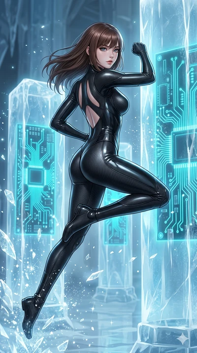 score_9, masterpiece, best quality, ultra-detailed, high-budget anime keyframe, Korean woman. upper body close-up from the thighs up, character filling the screen for maximum presence. leaping inside a sub-zero cybernetic ice temple, where glowing ne