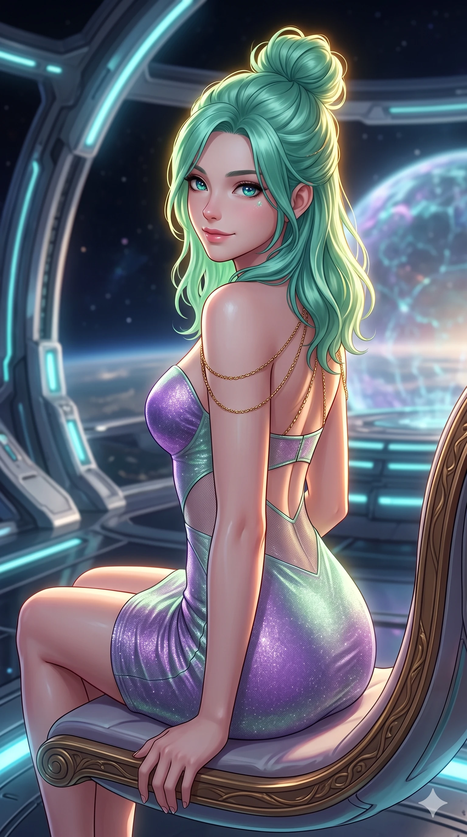 score_9, masterpiece, best quality, ultra-detailed, high-budget anime keyframe, semi-realistic 3D game render, editorial fashion photography, tasteful artistic composition, Japanese woman. close-up cowboy shot from the waist and thighs up, the character dominates the composition, filling the frame with her large presence. posing in an alluring rear three-quarter angle, looking over a bare shoulder with parted glossy lips, her hips cocked back to highlight her slim hourglass curve while sitting gracefully on the floating antigravity lounge with legs crossed, flashing a playful, coquettish smile with parted glossy lips. The background shows a soft-focus plasma shield refraction shimmer softened in orbital ring sanctuary shallow focus. She has an exceptionally elegant, slender, and willowy female figure with an ultra-slim waist, flat toned midriff, narrow ribcage, and sculpted feminine hips creating an alluring, slim hourglass silhouette without bulk. sharp v-shaped jawline, high-bridge nose, intricate jewel-like sparkling eyes with depth, thick eyelashes, glossy parted lips with a natural peach sheen, bright cheerful beaming smile with an enchanting and coquettish sensual glint, exuding both youthful cute charm and seductive allure, flawlessly proportioned anatomical accuracy, strict slender model proportions, natural body alignment, perfectly sculpted long slender limbs, ultra-slim waistline, clean dynamic posture without body distortion. wearing an alluring plunging sweetheart bodice dress with sheer mesh side-waist cutouts contouring her ribs in phosphorescent ultraviolet amethyst and mint green, woven from stretch metallic lurex jersey casting radiant starlight glints across her curves, accented with a dainty gold belly chain resting across her flat midriff and curving hips, the impeccably tailored cut draping gracefully along her slender figure with aristocratic poise. illuminated by ring deck reflection bounce and intense corona-gold rim lights defining her jawline, narrow waist, and curvy hips. highly saturated vibrant anime colors, detailed shading with soft gradients, rich glossy textures, high-contrast stereoscopic depth, volumetric dynamic lighting, master piece, 9:16 ratio