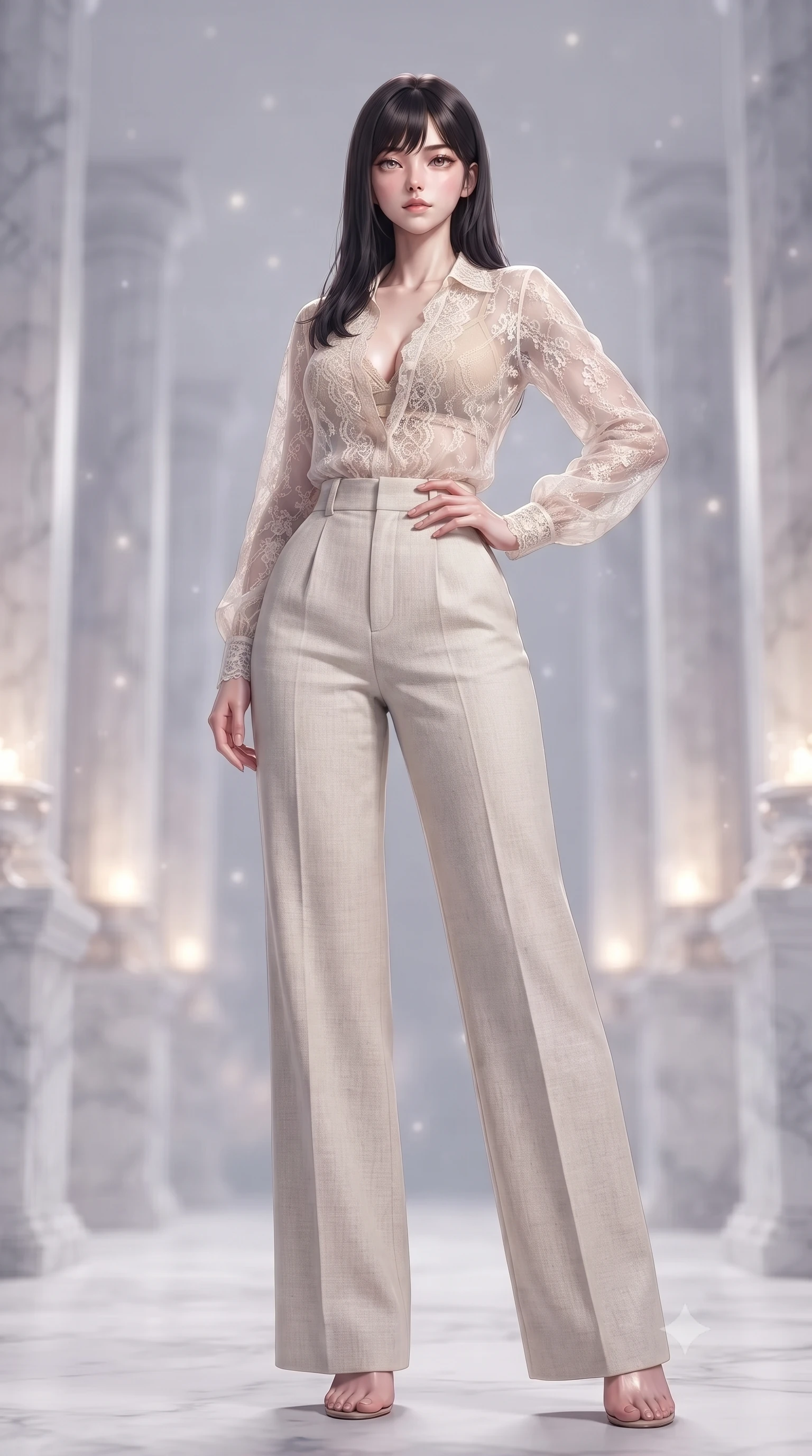 score_9, masterpiece, best quality, ultra-detailed, high-budget anime keyframe, editorial fashion photography, tasteful artistic composition, Korean woman. low angle full-body shot from head to toe showing her feet, filling the entire 9:16 vertical frame with her statuesque presence, stretching her vertical silhouette. posing confidently with one hand on her hip, stretching her statuesque body to emphasize her curves the background shows a soft-focus a quiet sanctuary terrace lined with white marble pillars and glowing starlight urns. She has an absolutely perfect, statuesque 8.5-heads proportion, an exceptionally tall and slender model-like female figure with impossibly long slender legs and an ultra-slim waist. sharp v-shaped jawline, high-bridge nose, intricate jewel-like eyes with depth, thick eyelashes, glossy lips with a natural sheen. wearing a body-hugging sheer lace blouse in ivory white, worn over a simple beige bralette and high-waisted linen trousers. soft diffused ambient starlight casting gentle shadows across her form. highly saturated vibrant anime colors, detailed shading with soft gradients, rich glossy textures, high-contrast stereoscopic depth, volumetric dynamic lighting, master piece, 9:16 ratio