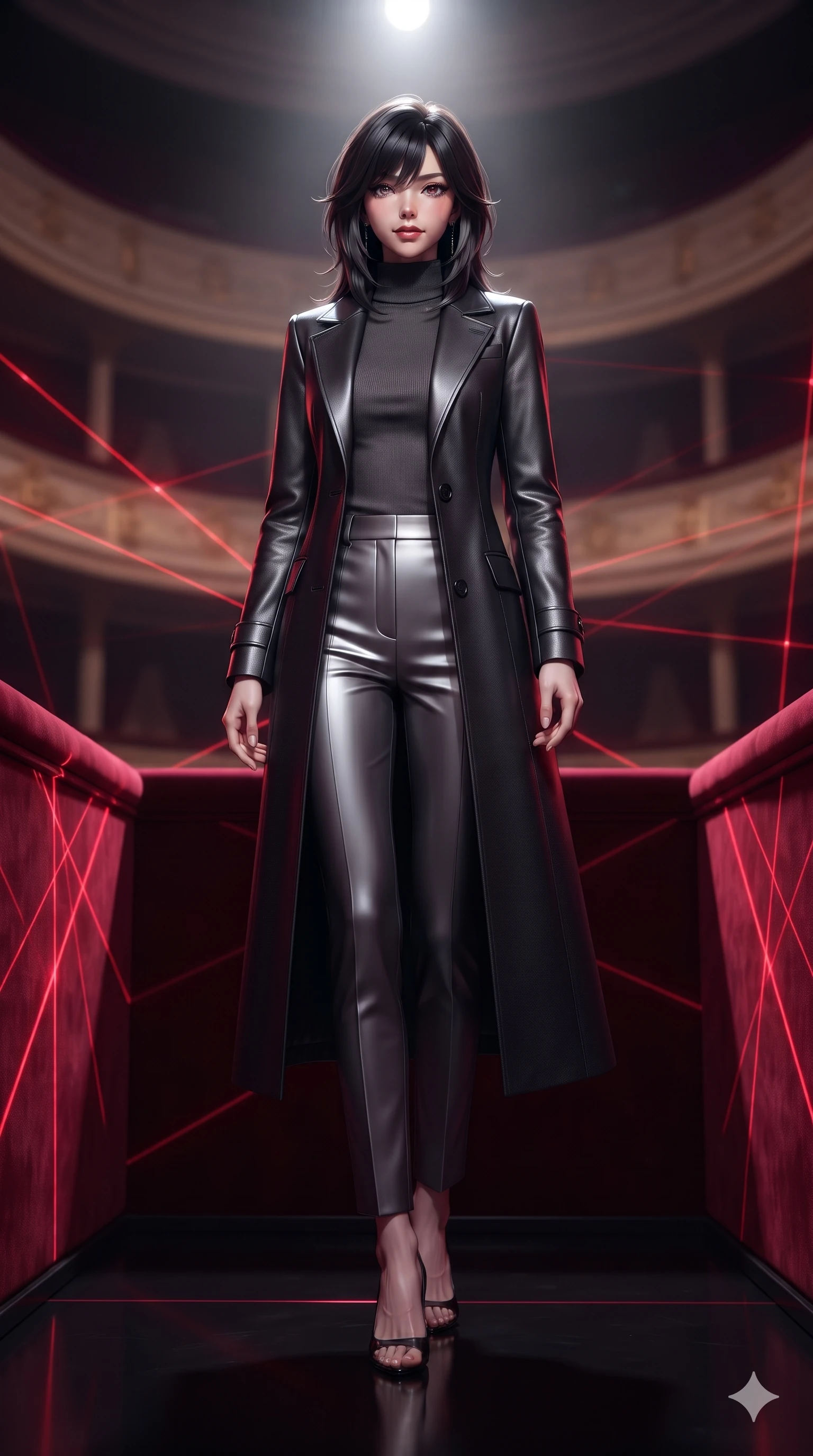 score_9, masterpiece, best quality, ultra-detailed, high-budget anime keyframe, editorial fashion photography, tasteful artistic composition, Japanese woman. low angle full-body shot from head to toe showing her feet, filling the entire 9:16 vertical frame with her statuesque presence, stretching her vertical silhouette. poised on the dark reflective floor while laser grids scan the room, her statuesque silhouette commanding the frame while standing on a secluded private opera box balcony lined with deep crimson velvet, dramatic theatrical stage spotlight casting intense key light from afar. The background shows a soft-focus historic imperial opera auditorium softened in theatrical shallow focus. She has an absolutely perfect, statuesque 8.5-heads proportion, an exceptionally tall and slender model-like female figure with impossibly long slender legs, an ultra-slim waist, a flat toned midriff, narrow delicate ribcage, and beautifully sculpted feminine hips creating a graceful, slim hourglass silhouette without any bulky heaviness. sharp v-shaped jawline, high-bridge nose, intricate jewel-like dark sparkling eyes with hypnotic seductive depth, thick curled eyelashes, glossy parted lips with a natural wine sheen, alluring bedroom-eyes with an enigmatic smoldering smile, exuding magnetic sovereign charisma and dark avant-garde glamour, flawlessly proportioned anatomical accuracy, strict slender model proportions, natural body alignment, perfectly sculpted long slender limbs, ultra-slim waistline, clean dynamic posture without body distortion. wearing a structured dark leather long coat over a turtleneck and tailored slacks in liquid mercury chrome and smoky quartz, woven from matte carbon-fiber weave with high-tech structural hold, adorned with minimalist black onyx hardware framing the silhouette, accentuating her gracefully sculpted slender torso and statuesque proportions. illuminated by a single brilliant theatrical key light emerging from dark opera shadows. ultra-reflective glossy finish, specular highlights, metallic sheen, high-contrast stereoscopic depth, volumetric dynamic lighting, 2k, ultra detail, master piece, 9:16 ratio