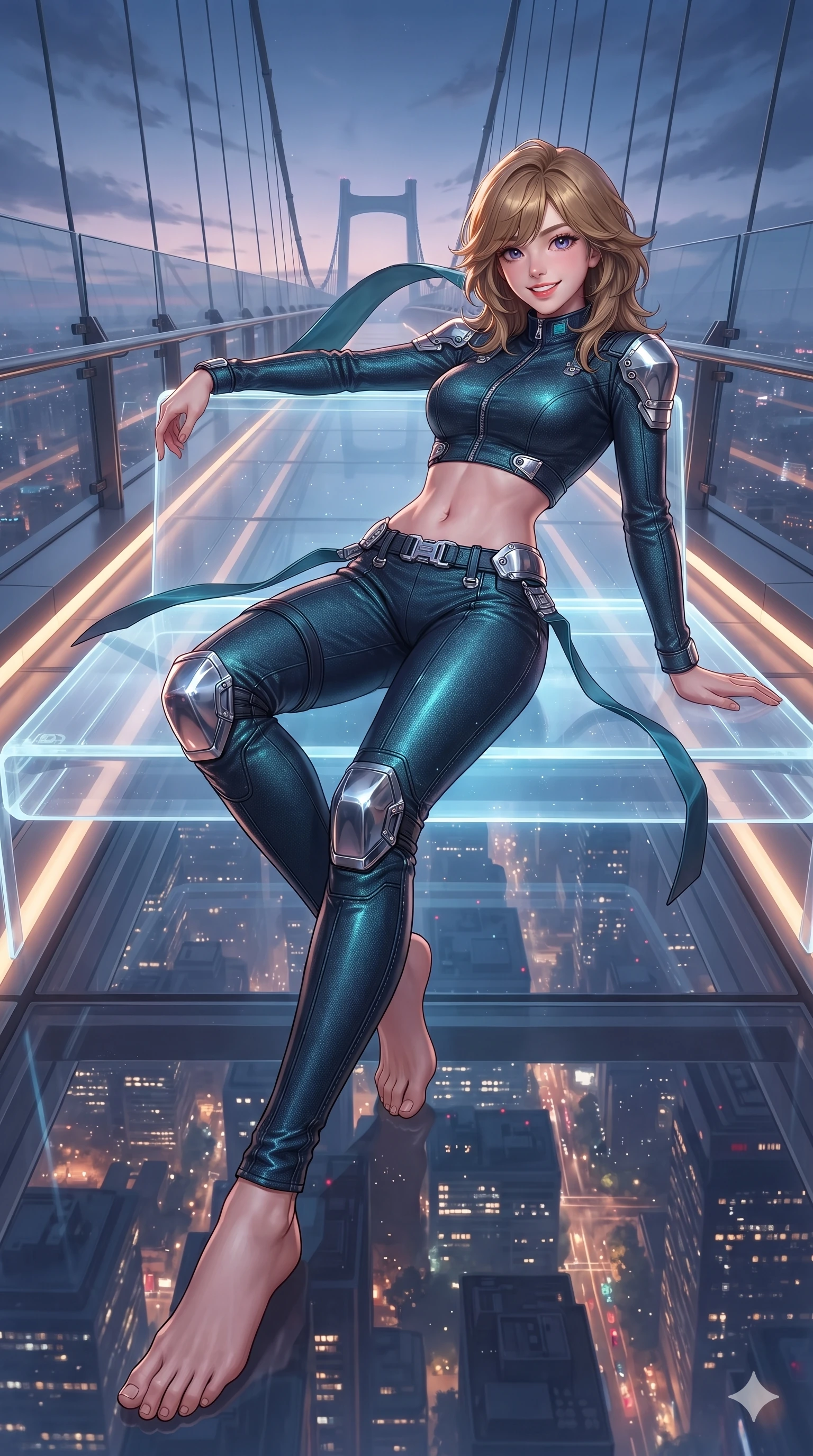 score_9, masterpiece, best quality, ultra-detailed, high-budget anime keyframe, editorial fashion photography, tasteful artistic composition, Korean woman. low angle full-body shot from head to toe showing her feet, filling the entire 9:16 vertical frame with her statuesque presence, stretching her vertical silhouette. reclining gracefully across the anti-gravity daybed with one leg extended, her sculpted silhouette and flat midriff radiating magnetic futuristic glamour while standing poised at the center of the glass span, arching her lower back with sovereign supermodel grace as high-altitude winds flutter her tactical ribbons. The surrounding environment is rendered in vivid detail and crisp panoramic clarity: detailed haute-couture tactical catsuit tailoring, polished chrome buckle hardware, and monumental futuristic bridge architecture in razor-sharp precision. She has an absolutely perfect, statuesque 8.5-heads proportion, an exceptionally tall and slender model-like female figure with impossibly long slender legs, an ultra-slim waist, a flat toned midriff, narrow delicate ribcage, and beautifully sculpted feminine hips creating a graceful, slim hourglass silhouette without any bulky heaviness. sharp v-shaped jawline, high-bridge nose, intricate jewel-like sparkling eyes with depth, thick eyelashes, glossy parted lips with a natural sheen, bright confident smile with an enchanting and coquettish sensual glint, exuding both youthful magnetic charm and sovereign high-tech allure, flawlessly proportioned anatomical accuracy, strict slender model proportions, natural body alignment, perfectly sculpted long slender limbs, ultra-slim waistline, clean dynamic posture without body distortion. wearing a refined long-sleeve high-collar flight jumpsuit crafted with ergonomic pressure-sealed seams in deep space navy and laser turquoise, woven from high-density tech-wool with subtle metallic thread weave, accented with strategically placed chrome armor plate guards covering key curves, the impeccably tailored cut draping gracefully along her slender figure with aristocratic poise. bathed in the ethereal twilight skyglow combined with warm under-rail LED strip lighting and glittering city reflections from below. ultra-reflective glossy finish, specular highlights, rich textural contrasts, high-contrast stereoscopic depth, volumetric dynamic lighting, 2k, ultra detail, master piece, 9:16 ratio