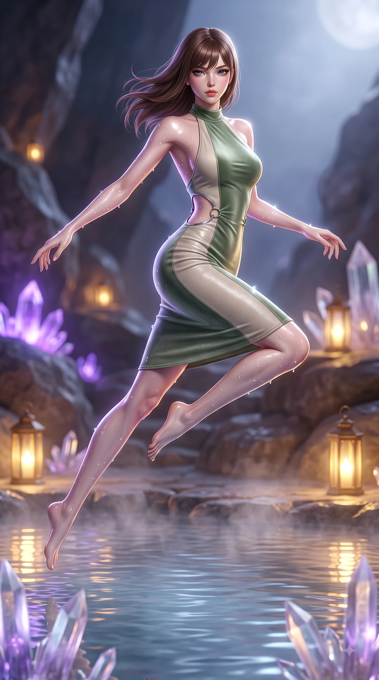 score_9, masterpiece, best quality, ultra-detailed, high-budget anime keyframe, editorial fashion photography, tasteful artistic composition, Korean woman. low angle full-body shot from head to toe showing her feet, filling the entire 9:16 vertical frame with her statuesque presence, stretching her vertical silhouette. leaping gracefully through mid-air with statuesque elegance, her impossibly long slender legs stretched in perfect balance while floating dynamically in a tranquil thermal pool as crystal spires reflect warm golden lantern light, water droplets glistening on her skin and clothing with brilliant specular highlights. She has an absolutely perfect, statuesque 8.5-heads proportion, an exceptionally tall and slender model-like female figure with impossibly long slender legs and an ultra-slim waist. sharp v-shaped jawline, high-bridge nose, intricate jewel-like eyes with depth, thick eyelashes, glossy lips with a natural sheen, flawlessly proportioned anatomical accuracy, natural body alignment, perfectly sculpted elegant limbs, clean dynamic posture without body distortion. wearing a velvet halter-neck midi dress following her form like a glove in sage green and oatmeal, made of fine carbon-fiber weave and soft matte leather, accented with delicate chrome ring hardware framing her waist, the glove-like fit emphasizing her statuesque silhouette during motion. illuminated by luminous purple bioluminescence and serene silver moonlight. ultra-reflective glossy finish, specular highlights, metallic sheen, high-contrast stereoscopic depth, volumetric dynamic lighting, 2k, ultra detail, master piece, 9:16 ratio