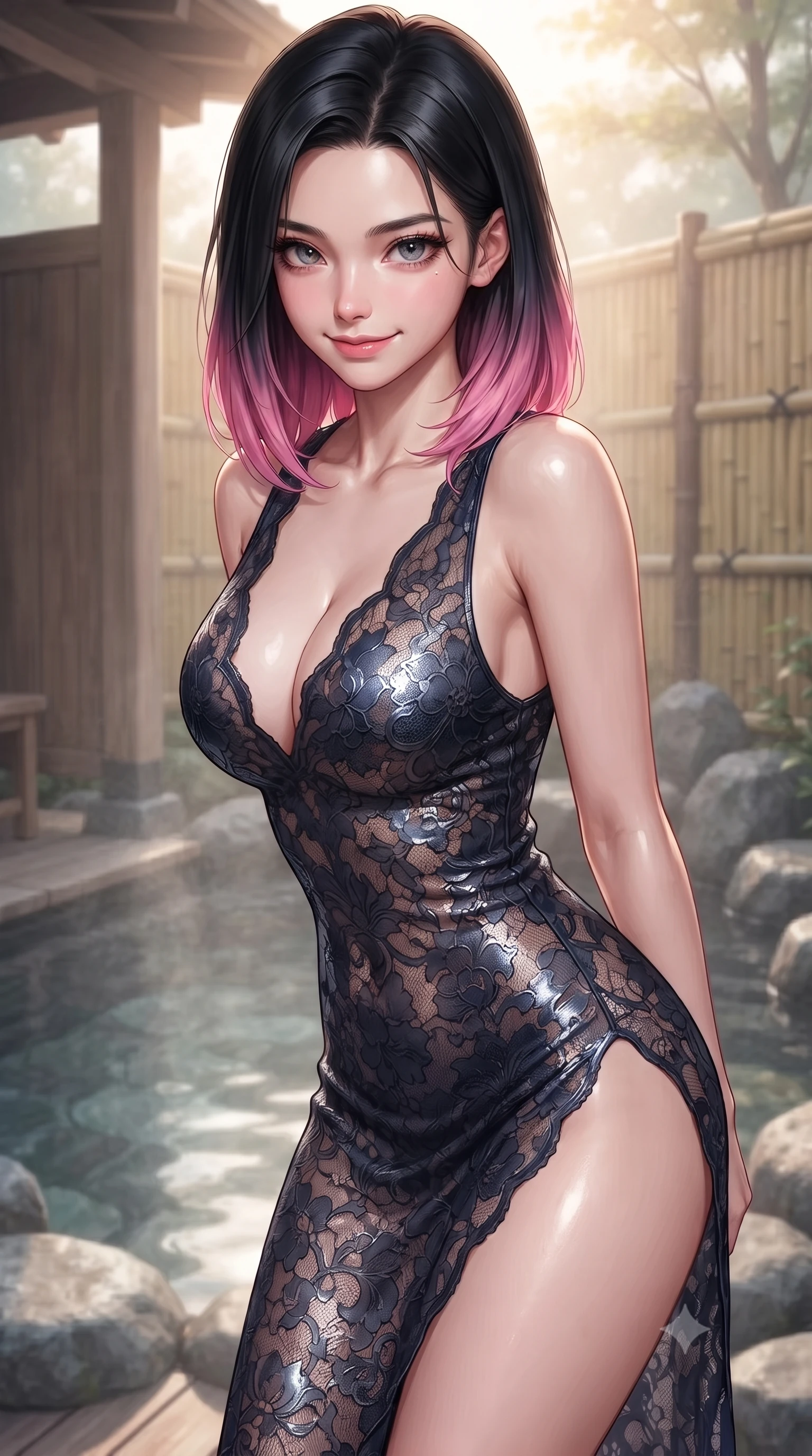 score_9, masterpiece, best quality, ultra-detailed, high-budget anime keyframe, editorial fashion photography, tasteful artistic composition, Korean woman woman. close-up cowboy shot from the waist and thighs up, the character dominates the composition, filling the frame with her large presence, background elements kept in soft focus. leaning slightly forward with a playful, teasing smile, her gaze locked onto the viewer the background shows a soft-focus a wooden deck of a private hot spring (onsen) with cedar wood partitions and bamboo fences. She has an exceptionally elegant, slender, and willowy female figure with an ultra-slim waist, a gracefully sculpted slender torso, and a refined silhouette. sharp v-shaped jawline, high-bridge nose, intricate jewel-like eyes with depth, thick eyelashes, glossy lips with a natural sheen. wearing a slim-fit semi-opaque dark lace dress with a plunging neckline and high-cut leg line. soft morning mist diffusing the warm sunbeams, creating a tranquil atmosphere. ultra-reflective glossy finish, specular highlights, metallic sheen, high-contrast stereoscopic depth, volumetric dynamic lighting, 2k, ultra detail, master piece, 9:16 ratio