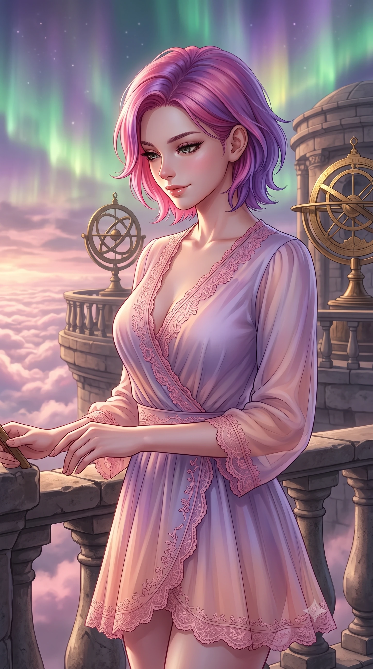 score_9, masterpiece, best quality, ultra-detailed, high-budget anime keyframe, editorial fashion photography, tasteful artistic composition, Caucasian woman, strictly human ears. close-up cowboy shot from the waist and thighs up, the character dominates the composition, filling the frame with her large presence, background elements kept in soft focus. Looking down with a gentle, thoughtful smile full of quiet warmth. set against a soft-focus background of standing on the balcony of an ancient stone observatory with rotating brass astrolabes, looking out over a sea of pink-tinted clouds. She has an exceptionally elegant, slender, and willowy female figure with a highly-defined ultra-slim waist, a gracefully sculpted slender torso, and a refined slim-fit silhouette that contours her form. sharp v-shaped jawline, high-bridge nose, intricate jewel-like eyes with depth, thick eyelashes, glossy lips with a natural sheen. wearing a translucent chiffon wrap dress in a lavender-to-peach gradient, detailed with pink lace. illuminated by a shifting aurora palette of green violet and gold from above. 2k, ultra detail, master piece, 9:16 ratio