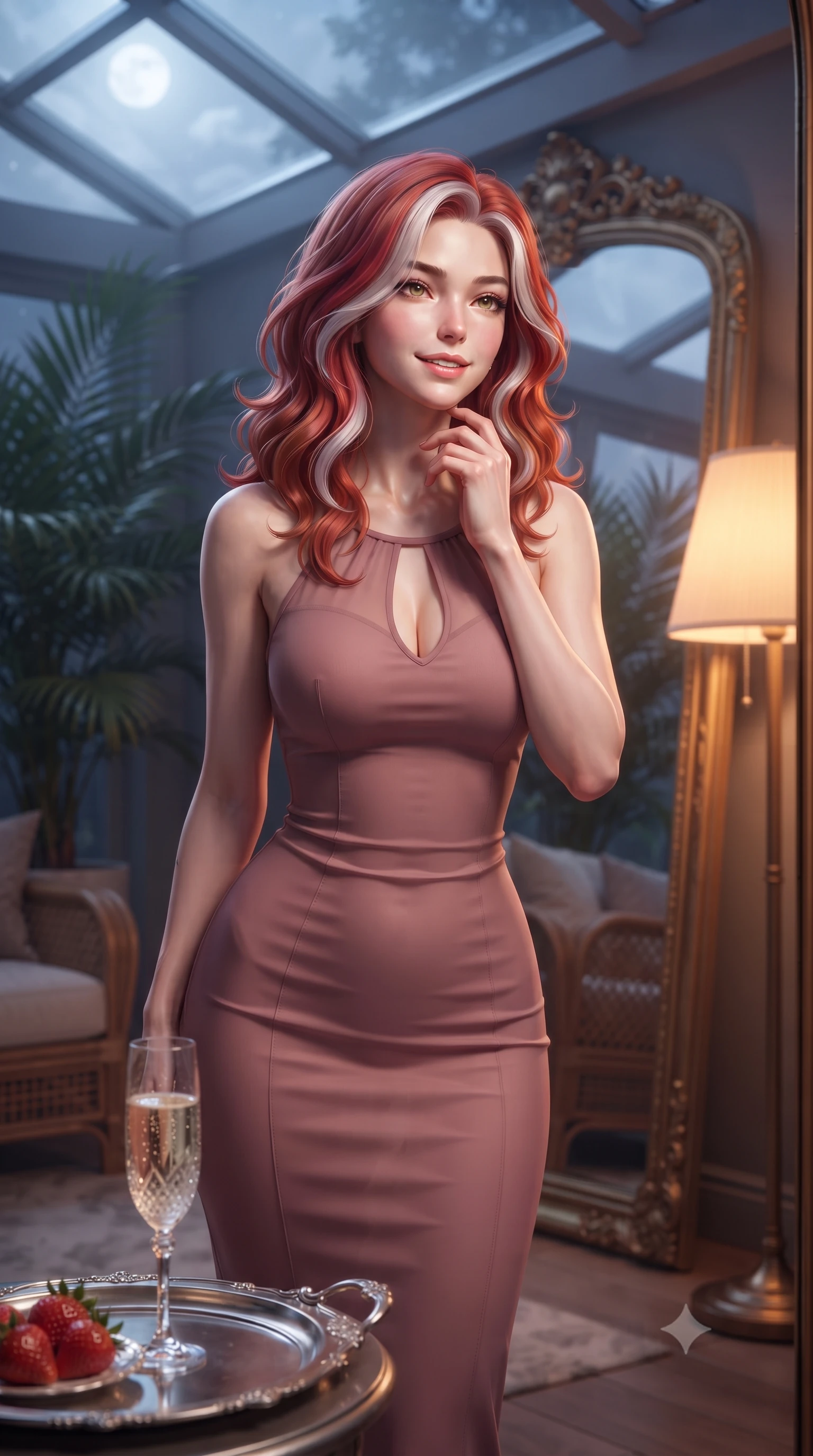 score_9, masterpiece, best quality, ultra-detailed, high-budget anime keyframe, editorial fashion photography, tasteful artistic composition, Caucasian woman. close-up cowboy shot from the waist and thighs up, the character dominates the composition, filling the frame with her large presence, background elements kept in soft focus. gazing into a gilded mirror reflection with a confident, sensual smile, tracing her neck contour set against a soft-focus background of inside an exclusive solarium deck with a crystal glass of sparkling champagne and fresh strawberries on a silver tray. She has an exceptionally elegant, slender, and willowy female figure with an ultra-slim waist, a gracefully sculpted slender torso, and a refined silhouette. sharp v-shaped jawline, high-bridge nose, intricate jewel-like eyes with depth, thick eyelashes, glossy lips with a natural sheen. wearing form-contouring dusty rose semi-opaque chiffon body-hugging knit midi dress with a tasteful keyhole neckline cutout and thin shoulder straps featuring refined tailored seams. illuminated by soft silver moonlight contrasting with the warm amber glow of a nearby lamp. highly saturated vibrant anime colors, detailed shading with soft gradients, rich glossy textures, high-contrast stereoscopic depth, volumetric dynamic lighting, master piece, 9:16 ratio