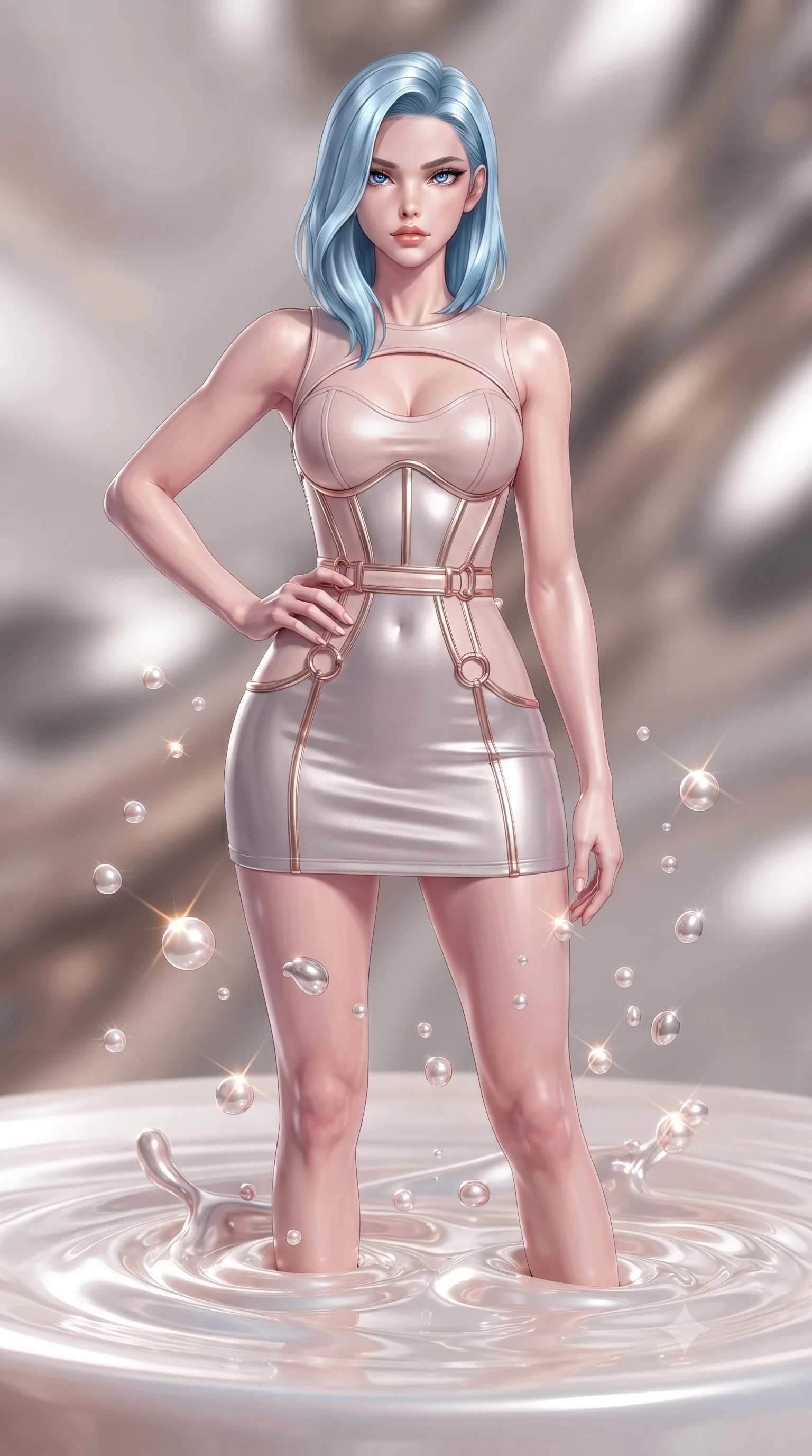 score_9, masterpiece, best quality, ultra-detailed, high-budget anime keyframe, editorial fashion photography, tasteful artistic composition, Korean woman. close-up cowboy shot from the waist and thighs up, the character dominates the composition, filling the frame with her large presence, background elements kept in soft focus. Holding a confident power pose with one hand on her hip, poised on an opal pedestal as ripples of liquid pearl flow around her feet, liquid pearl droplets hovering in zero gravity with intense specular glints. She has an exceptionally elegant, slender, and willowy female figure with an ultra-slim waist, a gracefully sculpted slender torso, and a refined silhouette. sharp v-shaped jawline, high-bridge nose, intricate jewel-like eyes with depth, thick eyelashes, glossy lips with a natural sheen. wearing architectural cut-out pale pink leather mini dress with sculpted gold boning in champagne gold, made of liquid mercury jersey, trimmed with rose-gold ring hardware along the waist contours, highlighting her statuesque proportions and ultra-slim waistline. illuminated by ultra-bright specular highlights reflecting off liquid pearl. ultra-reflective glossy finish, specular highlights, metallic sheen, high-contrast stereoscopic depth, volumetric dynamic lighting, 2k, ultra detail, master piece, 9:16 ratio