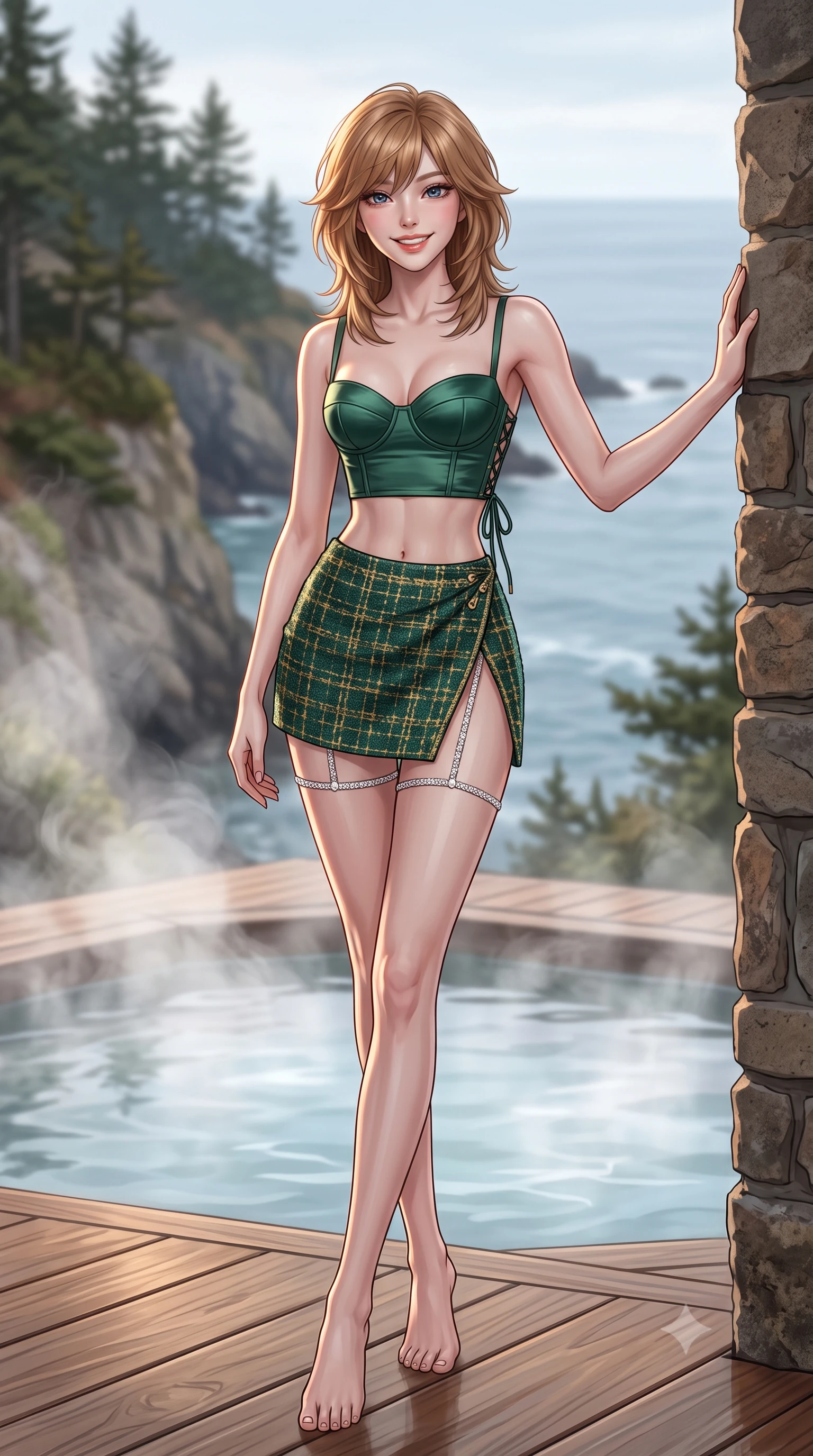 score_9, masterpiece, best quality, ultra-detailed, high-budget anime keyframe, editorial fashion photography, tasteful artistic composition, Korean woman. low angle full-body shot from head to toe showing her feet, filling the entire 9:16 vertical frame with her statuesque presence, stretching her vertical silhouette. standing tall beside the architectural column, one hand resting high while arching her lower back to emphasize her sculpted feminine hips and slender waist while lounging in the steaming outdoor plunge bath propped on one elbow with legs extended, her statuesque 8.5-heads silhouette commanding the wild coastal panorama. The background shows a soft-focus swirling thermal hot tub steam softened in ultra-luxury Nordic cliffside spa shallow focus. She has an exceptionally tall and slender model-like 8.5-heads proportion, an ultra-slim waist, a flat toned midriff, narrow delicate ribcage, and beautifully sculpted feminine hips creating a graceful, slim hourglass silhouette without any bulky heaviness, with impossibly long slender legs. sharp v-shaped jawline, high-bridge nose, intricate jewel-like sparkling eyes with depth, thick eyelashes, glossy parted lips with a natural peach sheen, bright cheerful beaming smile with an enchanting and coquettish sensual glint, exuding both youthful cute charm and seductive allure, flawlessly proportioned anatomical accuracy, strict slender model proportions, natural body alignment, perfectly sculpted long slender limbs, ultra-slim waistline, clean dynamic posture without body distortion. wearing a sculpted satin underwire crop bustier with lace-up side ties paired with a micro skirt in Bavarian alpine spruce green and Neuschwanstein gilded gold, woven from structured British tweed with subtle metallic flecks, finished with delicate crystal-encrusted thigh garter straps glinting in the dim light, the high-slit wrap tailoring accentuating her ultra-slim waistline and the enchanting curve of her feminine hips with alluring seductive charm. illuminated by cedar deck reflection bounce and sharp copper-gold rim lights sculpting her jawline, narrow waist, and curvy hips. ultra-reflective glossy finish, specular highlights, rich textural contrasts, high-contrast stereoscopic depth, volumetric dynamic lighting, 2k, ultra detail, master piece, 9:16 ratio
