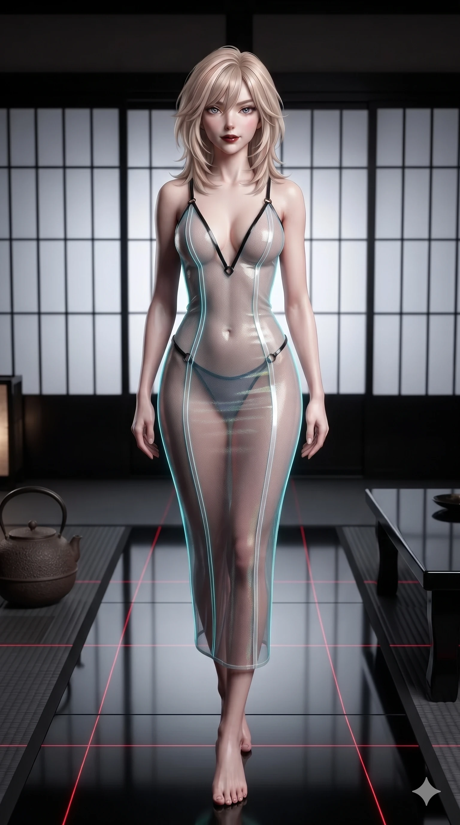 score_9, masterpiece, best quality, ultra-detailed, high-budget anime keyframe, editorial fashion photography, tasteful artistic composition, Japanese woman. low angle full-body shot from head to toe showing her feet, filling the entire 9:16 vertical frame with her statuesque presence, stretching her vertical silhouette. poised on the dark reflective floor while laser grids scan the room, her statuesque silhouette commanding the frame while sliding smoothly across the charcoal tatami with feline poise, her long slender legs and curvy hourglass hips commanding the frame. The surrounding environment is rendered in vivid detail and crisp panoramic clarity: sharp woven charcoal tatami mat texture, cast-iron kettle rough pebble surface, and black lacquer table gloss in deep focus. She has an absolutely perfect, statuesque 8.5-heads proportion, an exceptionally tall and slender model-like female figure with impossibly long slender legs, an ultra-slim waist, a flat toned midriff, narrow delicate ribcage, and beautifully sculpted feminine hips creating a graceful, slim hourglass silhouette without any bulky heaviness. sharp v-shaped jawline, high-bridge nose, intricate jewel-like dark sparkling eyes with hypnotic seductive depth, thick curled eyelashes, glossy parted lips with a natural wine sheen, alluring bedroom-eyes with an enigmatic smoldering smile, exuding magnetic sovereign charisma and dark avant-garde glamour, flawlessly proportioned anatomical accuracy, strict slender model proportions, natural body alignment, perfectly sculpted long slender limbs, ultra-slim waistline, clean dynamic posture without body distortion. wearing a plunge-front sheer illusion tulle slip dress with liquid platinum ribbon stripes hugging her curves in neon cyan edge-glow and dark carbon black, crafted from translucent iridescent mesh with a wet-look second-skin cling, adorned with minimalist black onyx hardware framing the silhouette, accentuating her gracefully sculpted slender torso and statuesque proportions. bathed in soft diffuse light filtering through black paper shoji screens and glowing charcoal brazier embers. ultra-reflective glossy finish, specular highlights, metallic sheen, high-contrast stereoscopic depth, volumetric dynamic lighting, 2k, ultra detail, master piece, 9:16 ratio