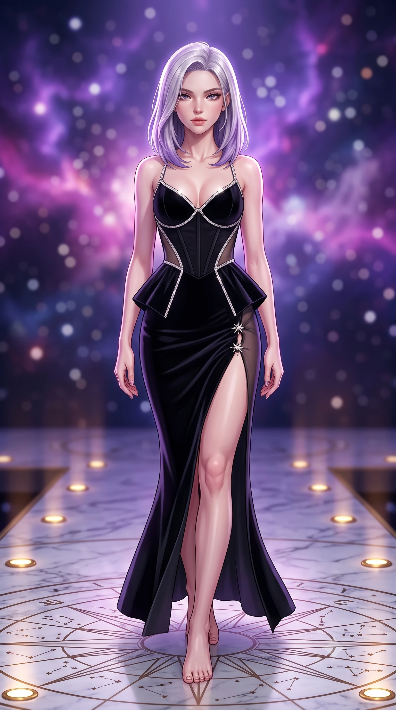 score_9, masterpiece, best quality, ultra-detailed, high-budget anime keyframe, semi-realistic 3D game render, editorial fashion photography, tasteful artistic composition, Caucasian woman. low angle full-body shot from head to toe showing her feet, filling the entire 9:16 vertical frame with her statuesque presence, stretching her vertical silhouette. striding forward in a proud supermodel runway stride, hips swaying in an alluring kinetic rhythm that accentuates her curvy hourglass silhouette while striding across the illuminated marble star-chart floor, hips swaying with sovereign cosmic empress charisma. The composition keeps background elements in soft focus with creamy bokeh. swirling violet and magenta nebula clouds and distant star clusters blurred into celestial indigo, pink, and diamond-white bokeh. She has an absolutely perfect, statuesque 8.5-heads proportion, an exceptionally tall and slender model-like female figure with impossibly long slender legs, a toned flat midriff, an ultra-slim waist, and beautifully sculpted feminine hips. sharp v-shaped jawline, high-bridge nose, intricate jewel-like eyes with depth, thick eyelashes, glossy parted lips with a natural sheen, intensely captivating and seductive bedroom-eyes expression, flawlessly proportioned anatomical accuracy, strict slender model proportions, natural body alignment, perfectly sculpted long slender limbs, ultra-slim waistline, clean dynamic posture without body distortion. wearing a structural geometric peplum gown with sheer side-ribbon cutouts and form-fitting skirt in high-contrast black velvet and diamond crystal trim, tailored from fluid silk crepe with delicate inner corsetry boning, finished with an ultra-high side slit secured by miniature starburst clasps, the glove-like aerodynamic silhouette tightly following the natural contour of her hips and long slender legs with statuesque precision. bathed in cool violet nebula glow from above and warm golden brass indicator uplights. highly saturated vibrant anime colors, detailed shading with soft gradients, rich glossy textures, high-contrast stereoscopic depth, volumetric dynamic lighting, master piece, 9:16 ratio