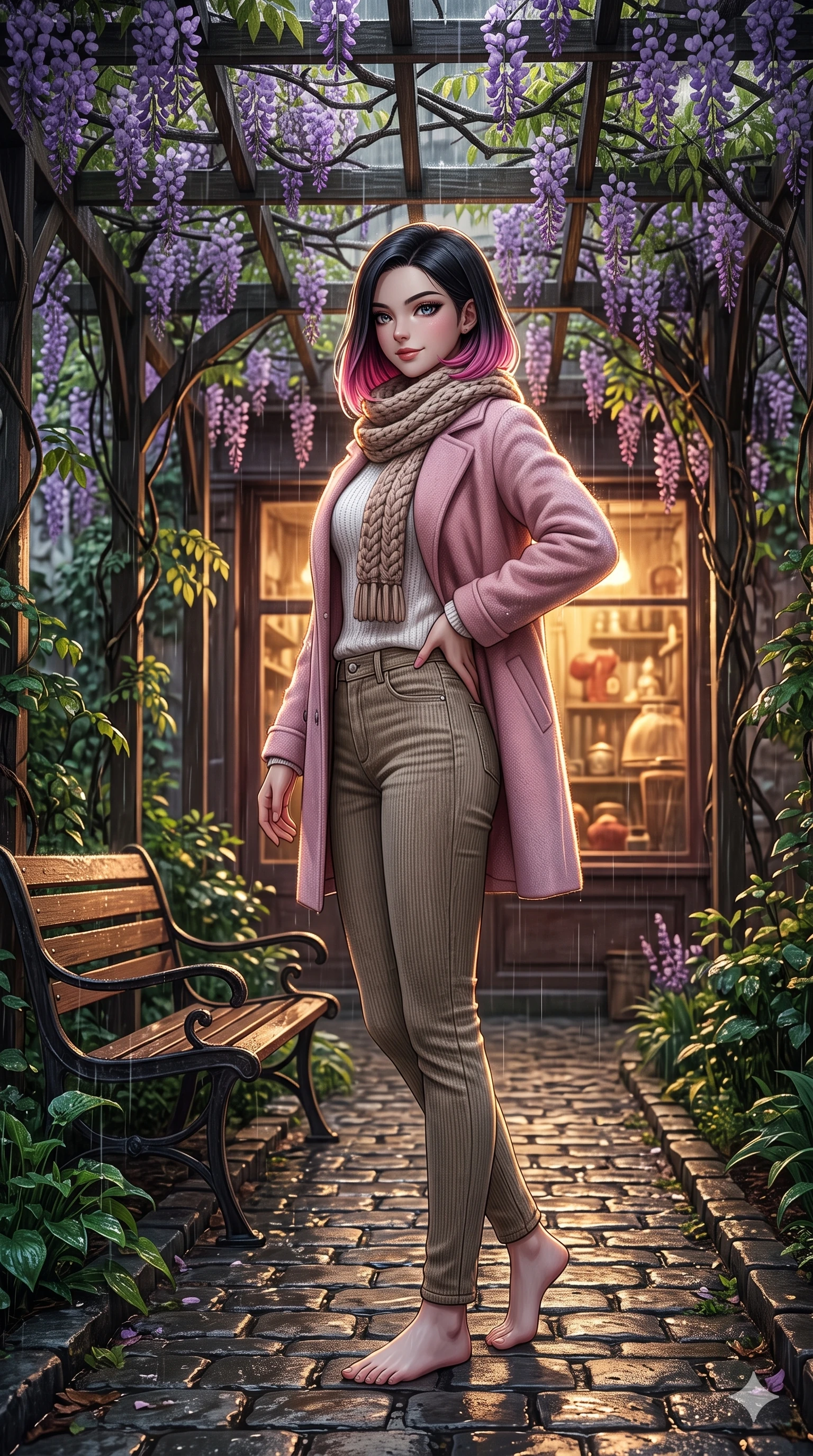 score_9, masterpiece, best quality, ultra-detailed, high-budget anime keyframe, vibrant anime aesthetic, Korean woman. low angle full-body shot from head to toe showing her feet, filling the entire 9:16 vertical frame with her statuesque presence, stretching her vertical silhouette. She is posing with a confident, magnetic smile, one hand on her waist, looking over her shoulder at the camera with a gentle tilt of her head. on a wooden bench under a wisteria trellis in a quiet courtyard garden during a gentle afternoon rain (Code-P22-005). She has an absolutely perfect 8-heads proportion, an exceptionally tall and slender female figure with impossibly long slender legs and an ultra-slim waist. V-shaped jawline, high-bridge nose, intricate jewel-like eyes with depth, thick eyelashes, glossy lips with a natural sheen. wearing a cozy woolen coat in pastel pink over a white knit top and fitted corduroy pants with a knitted scarf. She is illuminated by dramatic rim lights from a vintage shop window, adding depth to her jewel-like eyes in the rainy afternoon. 2k, ultra detail, master piece, 9:16 ratio