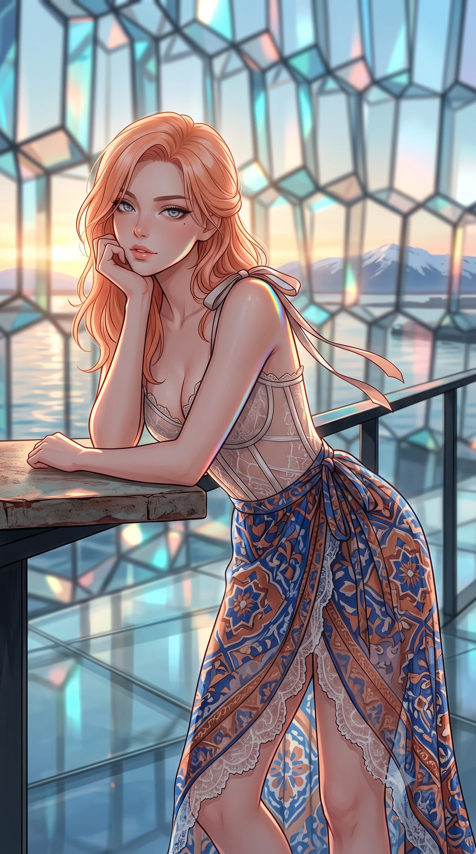 score_9, masterpiece, best quality, ultra-detailed, high-budget anime keyframe, editorial fashion photography, tasteful artistic composition, Japanese woman. close-up cowboy shot from the waist and thighs up, the character dominates the composition, filling the frame with her large presence. resting one elbow on the table and supporting her chin, leaning close to the camera with heavy-lidded sparkling eyes and parted lips while leaning against the cantilevered black steel atrium balustrade with hips cocked back, looking out over Reykjavik harbor with smoldering bedroom-eyes. The background shows a soft-focus thousands of multi-faceted geometric glass prisms reflecting harbor water ripples, midnight sun golden horizon, and distant snow peaks blurred into champagne, cyan, and rose bokeh. She has an exceptionally elegant, slender, and willowy female figure with an ultra-slim waist, flat toned midriff, narrow ribcage, and sculpted feminine hips creating an alluring, slim hourglass silhouette without bulk. sharp v-shaped jawline, high-bridge nose, intricate jewel-like sparkling eyes with depth, thick eyelashes, glossy parted lips with a natural peach sheen, bright cheerful beaming smile with an enchanting and coquettish sensual glint, exuding both youthful cute charm and seductive allure, flawlessly proportioned anatomical accuracy, strict slender model proportions, natural body alignment, perfectly sculpted long slender limbs, ultra-slim waistline, clean dynamic posture without body distortion. wearing a provocative translucent mesh corset bodice with boned satin channels paired with a sheer chiffon wrap maxi skirt in Andalusian Alhambra azulejo cobalt and warm terracotta copper, made of delicate semi-sheer French Chantilly lace with intricate eyelash edges, finished with satin ribbon ties at the shoulders fluttering in the gentle breeze, the glove-like clinging cut tightly following the natural contour of her hips and long slender legs with youthful 8.5-heads elegance. illuminated by glass floor reflection bounce and sharp prism-rainbow rim lights defining her razor-sharp jawline, narrow waist, and curvy hips. ultra-reflective glossy finish, specular highlights, rich textural contrasts, high-contrast stereoscopic depth, volumetric dynamic lighting, 2k, ultra detail, master piece, 9:16 ratio