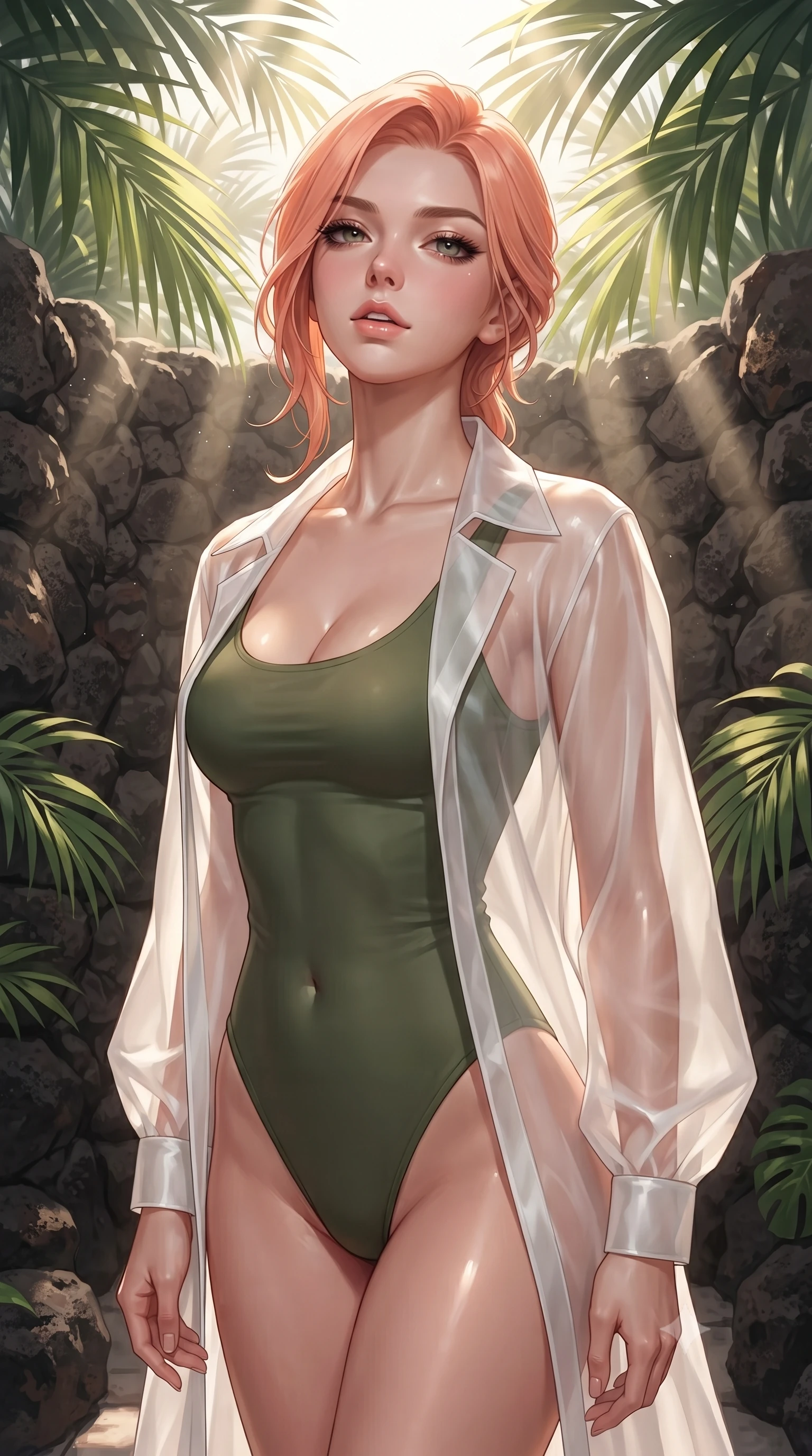 score_9, masterpiece, best quality, ultra-detailed, high-budget anime keyframe, editorial fashion photography, tasteful artistic composition, Japanese woman woman. close-up cowboy shot from the waist and thighs up, the character dominates the composition, filling the frame with her large presence, background elements kept in soft focus. tilting her chin up slightly with lips parted in a composed, provocative expression the background shows a soft-focus a private outdoor shower built of volcanic rocks, surrounded by large palm leaves. She has an exceptionally elegant, slender, and willowy female figure with an ultra-slim waist, a gracefully sculpted slender torso, and a refined silhouette. sharp v-shaped jawline, high-bridge nose, intricate jewel-like eyes with depth, thick eyelashes, glossy lips with a natural sheen. wearing a tailored sheer white organza resort cover-up worn over a form-fitting one-piece swimsuit, showing her elegant clavicle lines. sun rays slicing through the palm fronds, creating dramatic volumetric shafts of light. ultra-reflective glossy finish, specular highlights, metallic sheen, high-contrast stereoscopic depth, volumetric dynamic lighting, 2k, ultra detail, master piece, 9:16 ratio
