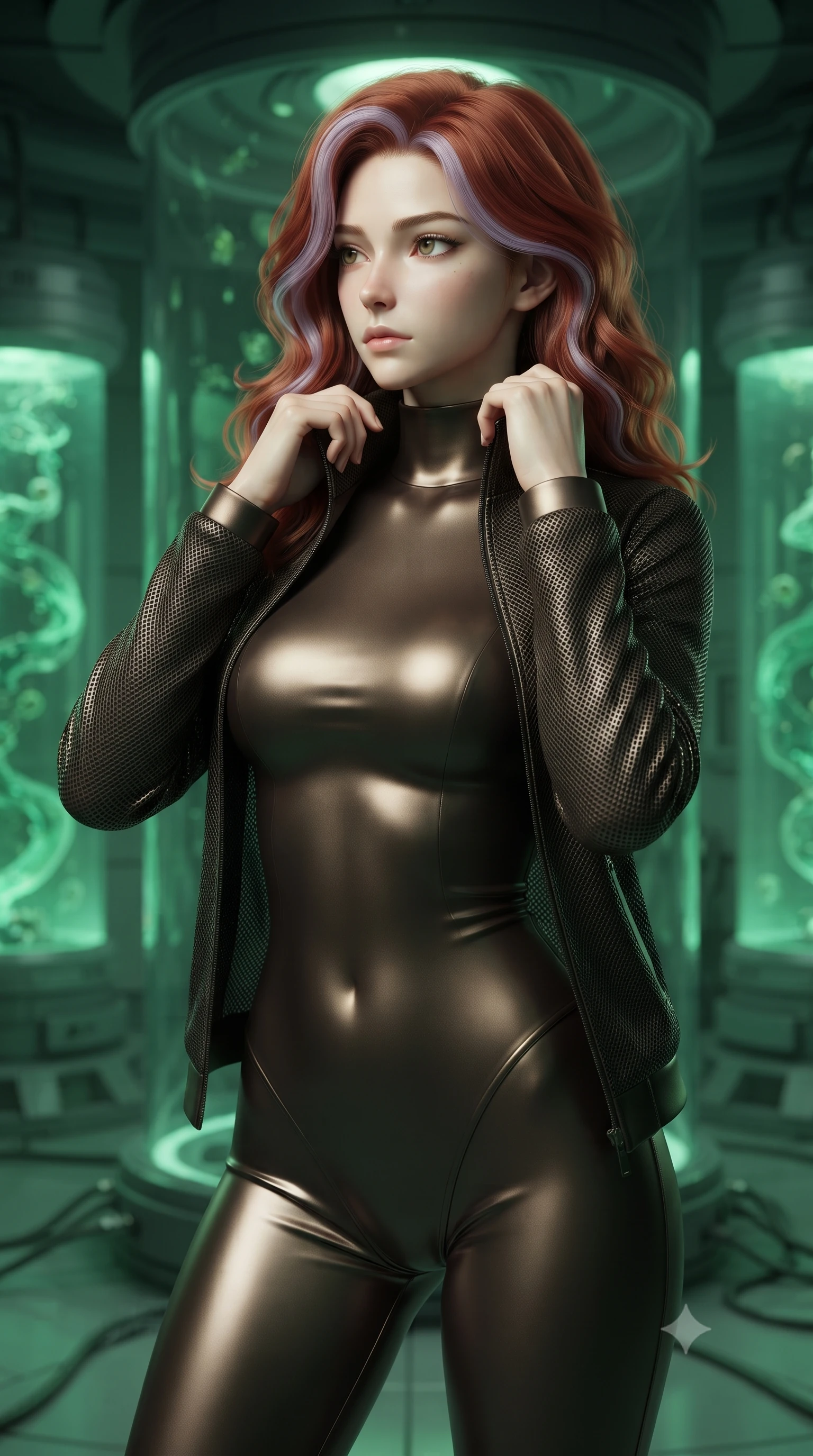 score_9, masterpiece, best quality, ultra-detailed, high-budget anime keyframe, editorial fashion photography, tasteful artistic composition, Caucasian woman. close-up cowboy shot from the waist and thighs up, the character dominates the composition, filling the frame with her large presence, background elements kept in soft focus. adjusting the high collar of her body-hugging suit, looking past the camera with quiet, sharp focus and a composed expression, the background shows a soft-focus a glass cylinder room with tubes containing green fluid and nanite cultures. She has an exceptionally elegant, slender, and willowy female figure with an ultra-slim waist, a gracefully sculpted slender torso, and a refined silhouette. sharp v-shaped jawline, high-bridge nose, intricate jewel-like eyes with depth, thick eyelashes, glossy lips with a natural sheen. wearing a slim-fit form-fitting high-neck bodysuit in dark bronze, worn under a tailored open carbon-mesh tactical jacket. soft green bioluminescent light from the tubes casting an eerie, high-contrast glow. ultra-reflective glossy finish, specular highlights, metallic sheen, high-contrast stereoscopic depth, volumetric dynamic lighting, 2k, ultra detail, master piece, 9:16 ratio