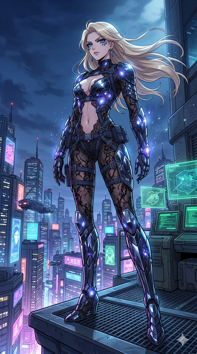 score_9, masterpiece, best quality, ultra-detailed, High-budget Anime Keyframe, vibrant colors, fluid line-art, expressive lighting, cinematic composition, Ufotable-style visual effects, top-tier animation quality, Caucasian woman with pale skin, blonde hair, and (strictly human ears). Dramatic low angle looking up at her majestic stature, dominating the vertical space of the composition. Standing atop a dizzying skyscraper overlooking a vast megalopolis of neon towers and flying vehicles, the wind whipping through her hair. She has an absolutely perfect 8-heads proportion, an exceptionally tall and slender female figure with impossibly long slender legs and an ultra-slim waist, her statuesque height and towering silhouette dominating the vertical 9:16 frame. Her face is a masterpiece featuring a sharp v-shaped jawline, high-bridge nose, intricate jewel-like eyes with depth, thick eyelashes, and glossy lips with a natural sheen. She is wearing a Sheer lace catsuit with strategically placed armor plating and glowing energy nodes crafted from Obsidian-glass scales that shimmer with a dark, crystalline brilliance, with an exposed midriff and a complex harness system that draws the eye. The scene is set in an underground rebel bunker with flickering holographic screens and tactical maps, illuminated by ethereal moonlight filtering through a crystalline canopy, creating soft highlights. 2k, ultra detail, master piece, 9:16 ratio