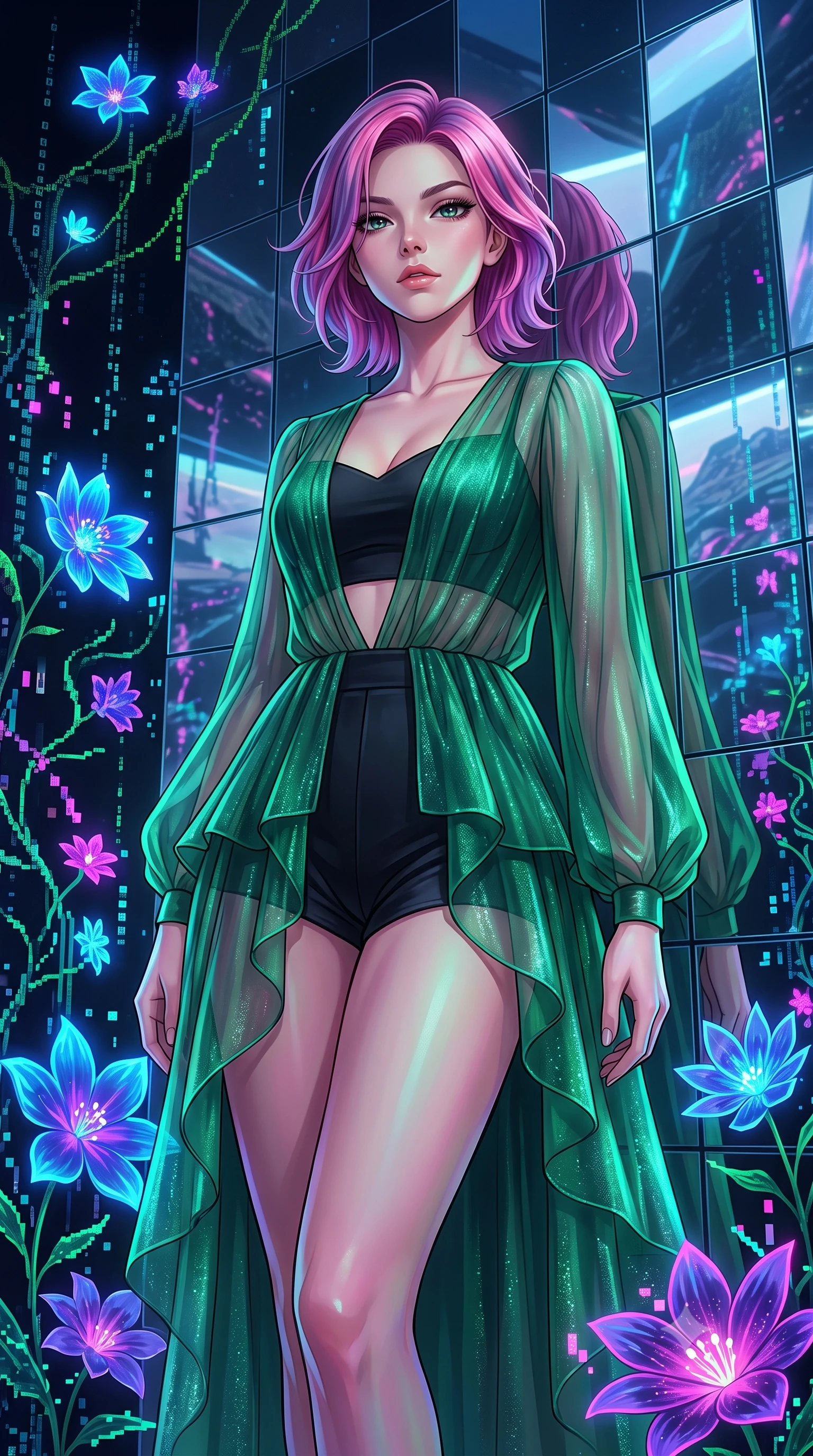 score_9, masterpiece, best quality, ultra-detailed, High-budget Anime Keyframe, Caucasian woman, strictly human ears. Low angle cowboy shot filling the entire 9:16 frame with her statuesque presence. Scenario 449: leaning back against a wall of virtual mirrors in a virtual garden where neon flowers bloom in the dark. Her presence is magnetic and overpowering in this high-budget anime scene. Outfit 449: a tailored emerald green shimmering chiffon bodysuit worn over an opaque crop top and high-waisted shorts. The clothing is designed to emphasize her exceptionally tall and slender 8-heads proportion. 8-heads proportion, towering silhouette, ultra-slim waist. sharp v-shaped jawline, intricate jewel-like eyes with depth, thick eyelashes, glossy lips. 2k, ultra detail, master piece, 9:16 ratio