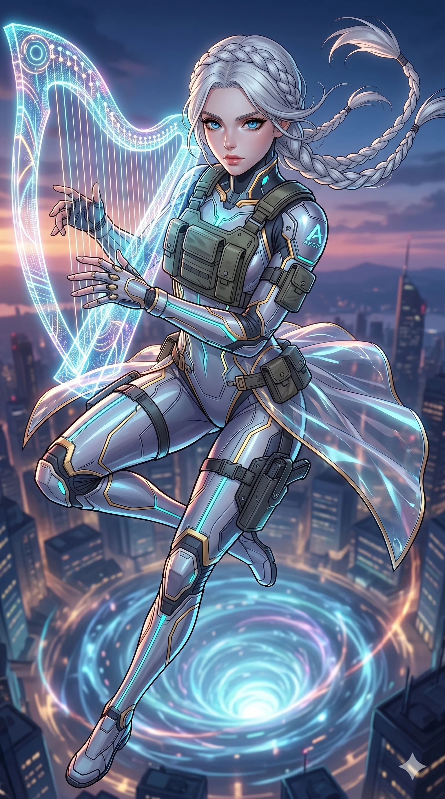 score_9, masterpiece, best quality, ultra-detailed, high-budget anime movie keyframe, cinematic anime lighting, intricate line art, Caucasian (strictly human ears) anime girl. Extreme high angle shot as she leaps towards the camera, filling the frame. twisting in mid-air while playing a holographic harp. She has an absolutely perfect 8-heads proportion, an exceptionally tall and slender female figure with an ultra-slim waist and impossibly long slender legs. strictly human anatomy, two legs only, no extra limbs, clearly defined legs and arms, perfect anatomy, perfect hands and fingers. sharp v-shaped jawline, high-bridge nose, intricate jewel-like eyes, thick eyelashes, glossy lips. Wearing Tech-Fantasy: Cybernetic tech-suit with glowing seams, translucent PVC over leotard, and modular tactical gear. The scene is illuminated by dramatic atmospheric lighting and vibrant color palettes. , 2k, ultra detail, master piece, 9:16 ratio