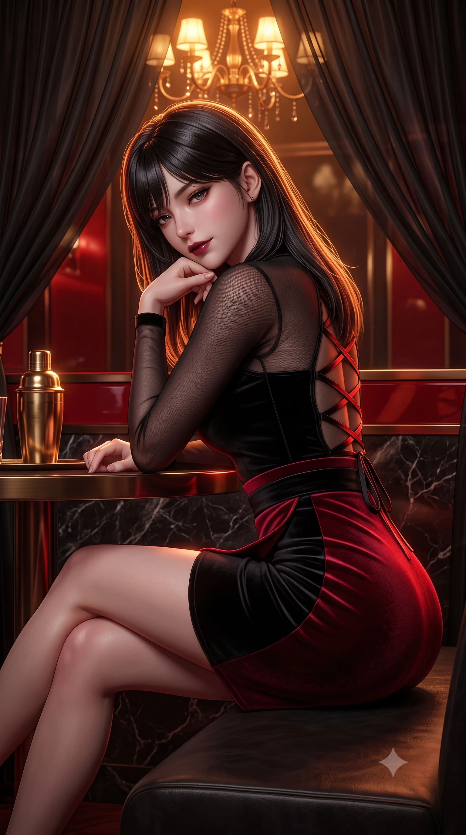score_9, masterpiece, best quality, ultra-detailed, high-budget anime keyframe, semi-realistic 3D game render, editorial fashion photography, tasteful artistic composition, Japanese woman. close-up cowboy shot from the waist and thighs up, the character dominates the composition, filling the frame with her large presence. turning slowly with a smoldering smile, her glossy dark hair catching the amber chandelier rim light as her hips angle gracefully in a captivating contrapposto while lounging in a private booth draped in black sheer silk, resting her chin on her fingers while gazing directly into the camera with bedroom-eyes. The surrounding environment is rendered in vivid detail and crisp panoramic clarity. sharp glossy red lacquer reflections, dark polished marble grain, and brass cocktail shaker hardware in deep focus. She has an exceptionally elegant, slender, and willowy female figure with an ultra-slim waist, flat toned midriff, narrow ribcage, and sculpted feminine hips creating an alluring, slim hourglass silhouette without bulk. sharp v-shaped jawline, high-bridge nose, intricate jewel-like dark sparkling eyes with dangerous depth, thick curled eyelashes, glossy parted lips with a rich wine sheen, smoldering seductive half-smile with bedroom-eyes, exuding effortless superiority and intoxicating dark allure, flawlessly proportioned anatomical accuracy, strict slender model proportions, natural body alignment, perfectly sculpted long slender limbs, ultra-slim waistline, clean dynamic posture without body distortion. wearing a modern fusion dark hanbok mini dress with a sheer silk organza jeogori and high-waisted velvet wrap skirt in ruby crimson and muted shadow black, made of semi-opaque dark contouring mesh clinging like a second skin, featuring a dramatic criss-cross satin back lacing tracing her slender spine, the glove-like silhouette tightly following the natural contour of her hips and long slender legs with youthful 8.5-heads elegance. illuminated by sharp specular highlights on skin and dark scarlet rim light sculpting her sculpted midriff, narrow waist, and curvy hips. highly saturated vibrant anime colors, detailed shading with soft gradients, rich glossy textures, high-contrast stereoscopic depth, volumetric dynamic lighting, master piece, 9:16 ratio