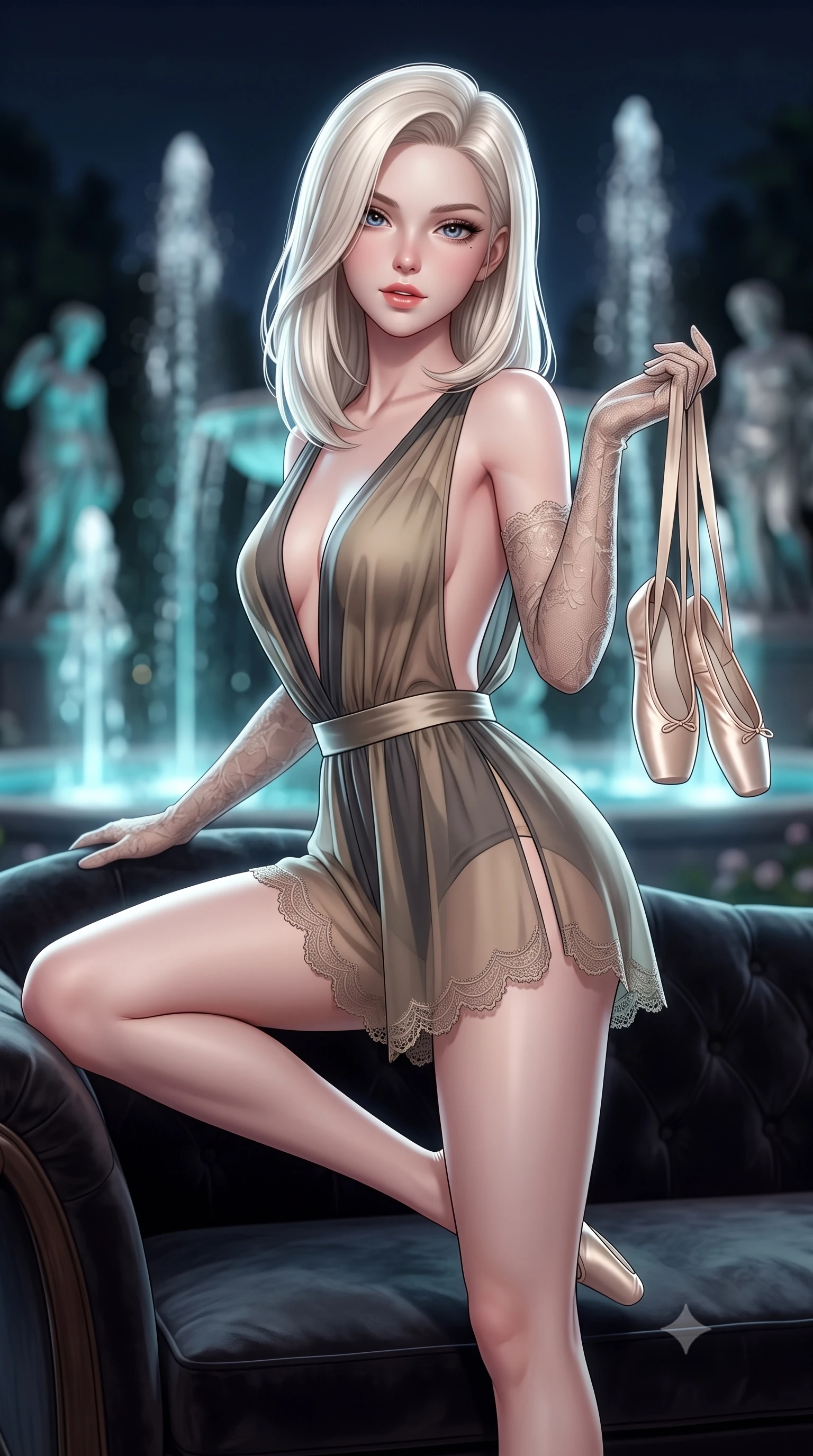 score_9, masterpiece, best quality, ultra-detailed, high-budget anime keyframe, semi-realistic 3D game render, editorial fashion photography, tasteful artistic composition, Caucasian woman. close-up cowboy shot from the waist and thighs up, the character dominates the composition, filling the frame with her large presence. perched sideways on the lounge seat, one knee drawn up to showcase her slender leg line while her arched back accentuates her feminine hip curve while lounging on the stone balustrade with one knee bent, holding her satin ballet shoes with an enchanting, parted-lip smile. The background shows a soft-focus illuminated palace fountains spraying into the midnight air and classical garden sculptures blurred into turquoise, silver, and charcoal bokeh. She has an exceptionally elegant, slender, and willowy female figure with an ultra-slim waist, flat toned midriff, narrow ribcage, and sculpted feminine hips creating an alluring, slim hourglass silhouette without bulk. sharp v-shaped jawline, high-bridge nose, sparkling eyes with hypnotic seductive depth, thick curled eyelashes, glossy parted lips with a natural dewy peach sheen, alluring bedroom-eyes with an enchanting coquettish smile, exuding magnetic siren charisma and sophisticated glamour, flawlessly proportioned anatomical accuracy, strict slender model proportions, natural body alignment, perfectly sculpted long slender limbs, ultra-slim waistline, clean dynamic posture without body distortion. wearing a deep V-neck silk satin ballerina romper with scalloped eyelash-lace hems and a cinched satin waist ribbon in tactical desert sand khaki and matte carbon grey, made of sheer gossamer chiffon that drapes softly against skin with airy translucence, complemented by sheer opera-length lace evening gloves tracing her slender arms, the precision-cut side openings and low-back scoop framing her graceful spine and the sensual sweep of her slim, toned hips. illuminated by fountain water caustic bounce and sharp platinum rim lights sculpting her delicate clavicles, narrow waist, and curvy hips. highly saturated vibrant anime colors, detailed shading with soft gradients, rich glossy textures, high-contrast stereoscopic depth, volumetric dynamic lighting, master piece, 9:16 ratio