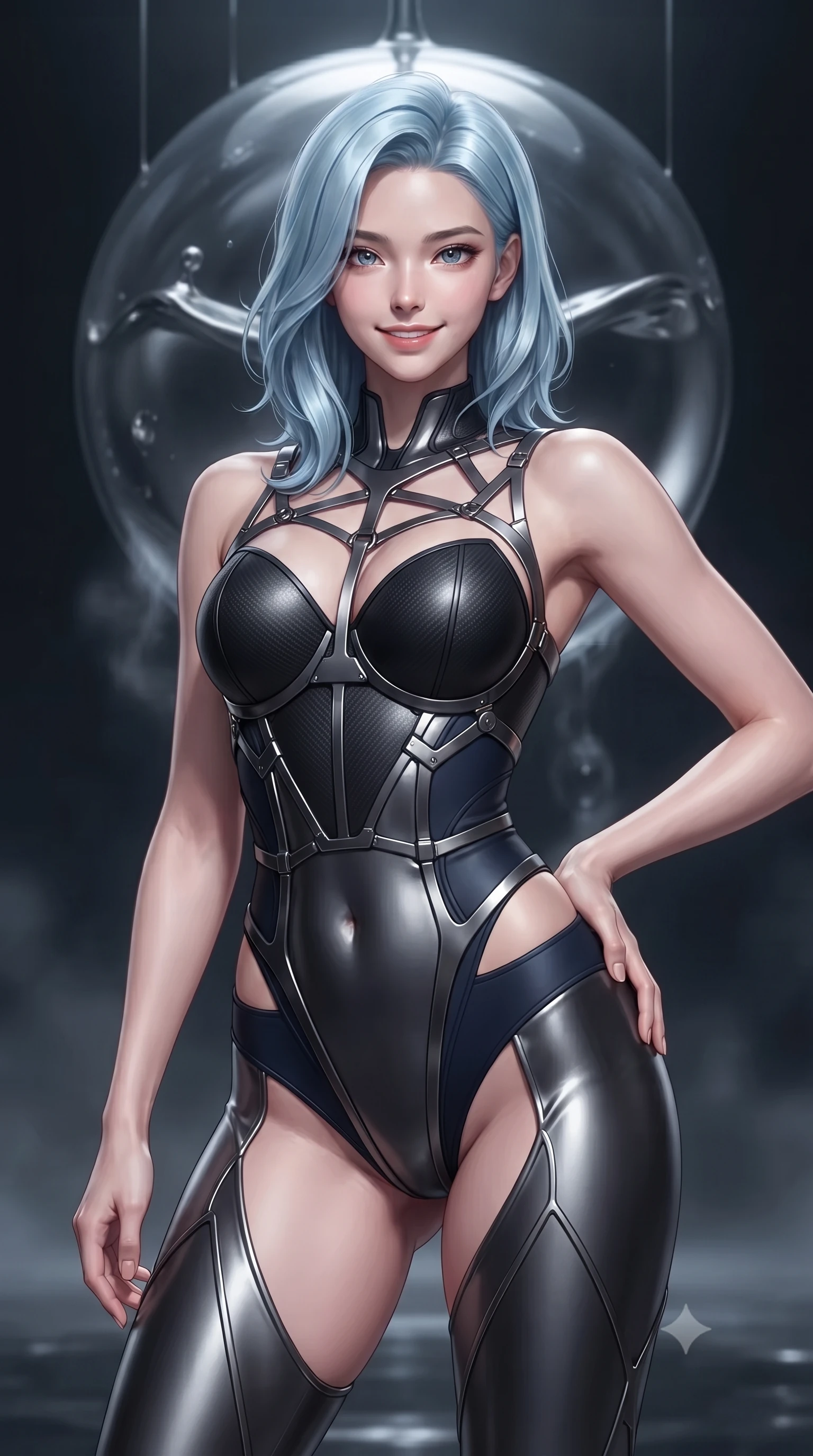 score_9, masterpiece, best quality, ultra-detailed, high-budget anime keyframe, editorial fashion photography, tasteful artistic composition, Korean woman. close-up cowboy shot from the waist and thighs up, the character dominates the composition, filling the frame with her large presence, background elements kept in soft focus. Smiling with quiet, magnetic self-assurance directly into the camera, poised before a colossal suspended sphere of liquid dark mercury, silvery mercury mist rising silently in the dark atmosphere. She has an exceptionally elegant, slender, and willowy female figure with an ultra-slim waist, a gracefully sculpted slender torso, and a refined silhouette. sharp v-shaped jawline, high-bridge nose, intricate jewel-like eyes with depth, thick eyelashes, glossy lips with a natural sheen. wearing sculpted structured cup bodysuit in matte black carbon-fiber with hip cutouts in midnight navy blue, made of liquid dark mercury jersey, highlighted by a gunmetal metallic harness structure, sculpting her athletic slender build with refined precision. bathed in cool silver metallic light and pitch-black ambient shadows. highly saturated vibrant anime colors, detailed shading with soft gradients, rich glossy textures, high-contrast stereoscopic depth, volumetric dynamic lighting, master piece, 9:16 ratio