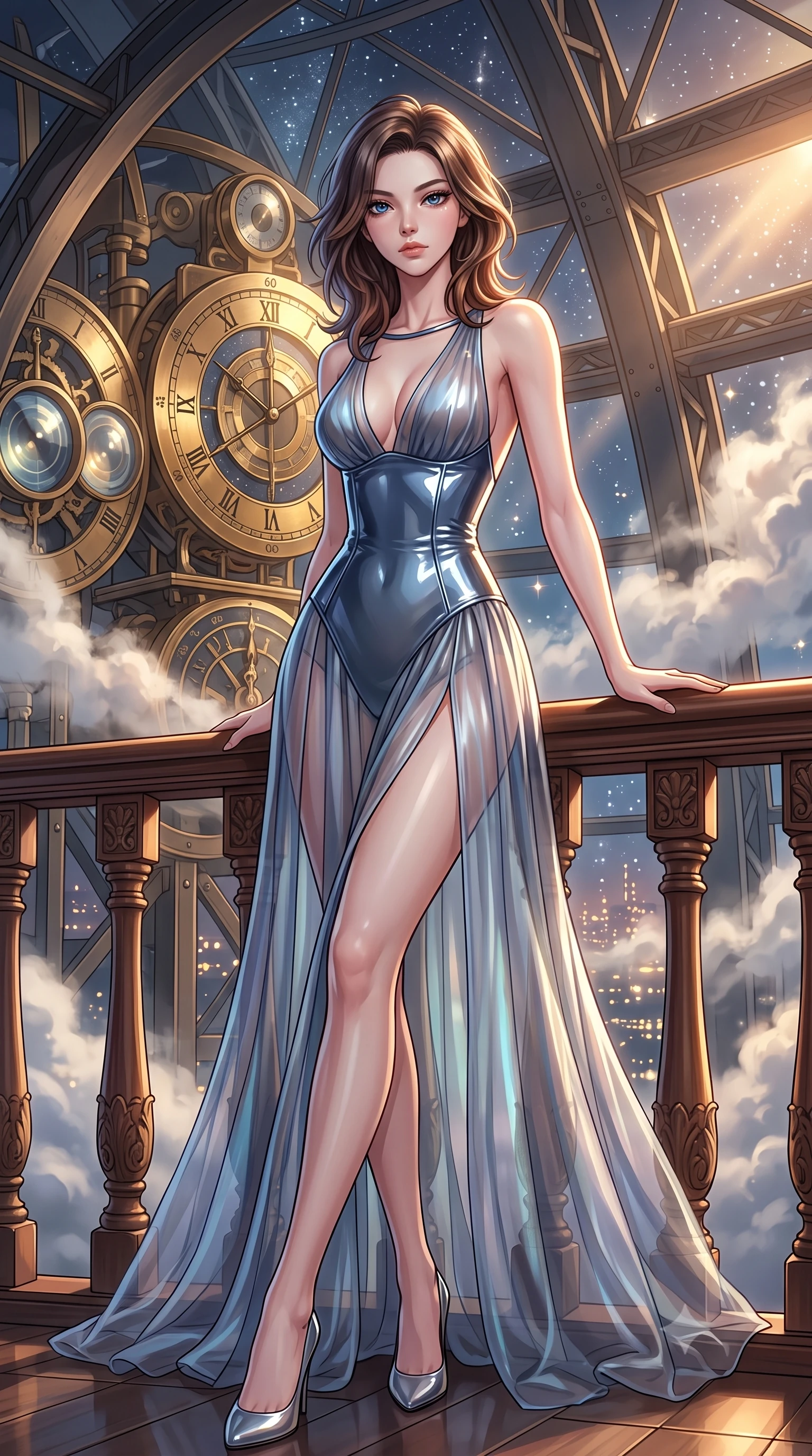score_9, masterpiece, best quality, ultra-detailed, high-budget anime keyframe, editorial fashion photography, tasteful artistic composition, Korean woman. low angle full-body shot from head to toe showing her feet, filling the entire 9:16 vertical frame with her statuesque presence, stretching her vertical silhouette. forging dynamically through the scene, her vertical silhouette beautifully stretched leaning against a vintage mahogany balustrade inside a mechanical observatory, distant starlight and city lights twinkling through steam clouds. She has an absolutely perfect, statuesque 8.5-heads proportion, an exceptionally tall and slender model-like female figure with impossibly long slender legs and an ultra-slim waist. sharp v-shaped jawline, high-bridge nose, intricate jewel-like eyes with depth, thick eyelashes, glossy lips with a natural sheen. wearing a translucent iridescent chiffon gown with a plunging neckline and open back in slate blue and metallic silver, tailored from high-gloss patent leather, accented with a Tasteful chest slit framing her clavicle gracefully, the tailored fabric tightly following every curve of her athletic build. illuminated by a brilliant golden hour glow filtering through clockwork dials. highly saturated vibrant anime colors, detailed shading with soft gradients, rich glossy textures, high-contrast stereoscopic depth, volumetric dynamic lighting, master piece, 9:16 ratio