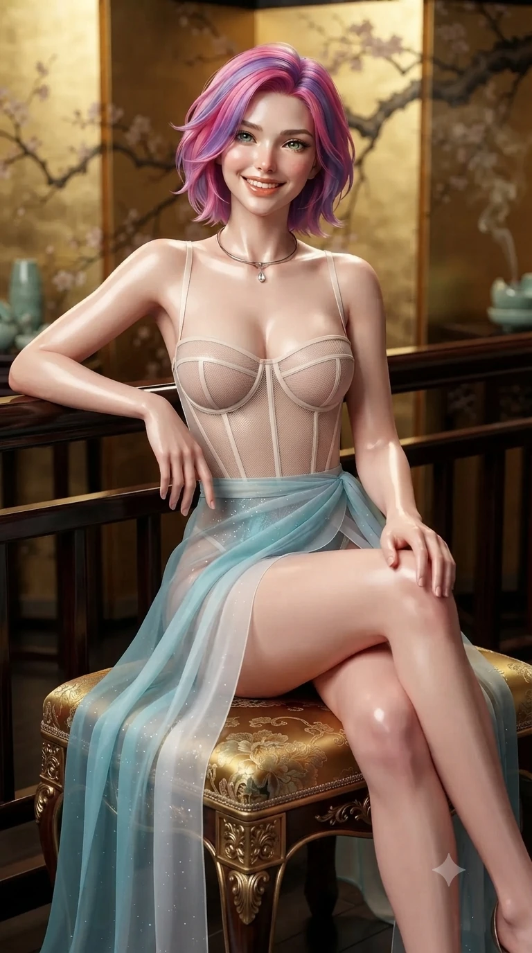 score_9, masterpiece, best quality, ultra-detailed, high-budget anime keyframe, editorial fashion photography, tasteful artistic composition, Caucasian woman. close-up cowboy shot from the waist and thighs up, the character dominates the composition, filling the frame with her large presence. leaning back against the balustrade with relaxed seductive grace, head tilted back slightly while casting a hypnotic, heavy-lidded gaze while sitting gracefully on the silk-embroidered imperial stool with legs crossed, flashing an enchanting smile with parted glossy lips. The background shows a soft-focus shimmering gold-leaf folding screens painted with cherry branches, floating celadon ceramic fragments, and drifting incense smoke blurred into gold, jade, and peat bokeh. She has an exceptionally elegant, slender, and willowy female figure with an ultra-slim waist, flat toned midriff, narrow ribcage, and sculpted feminine hips creating an alluring, slim hourglass silhouette without bulk. sharp v-shaped jawline, high-bridge nose, intricate jewel-like sparkling eyes with depth, thick eyelashes, glossy parted lips with a natural peach sheen, bright cheerful beaming smile with an enchanting and coquettish sensual glint, exuding both youthful cute charm and seductive allure, flawlessly proportioned anatomical accuracy, strict slender model proportions, natural body alignment, perfectly sculpted long slender limbs, ultra-slim waistline, clean dynamic posture without body distortion. wearing a provocative translucent mesh corset bodice with boned satin channels paired with a sheer chiffon wrap skirt in glacial aurora cyan and starlight silver, woven from buttery-soft stretch lambskin leather adhering to her body like a second skin, finished with a minimalist chrome choker and a single teardrop diamond pendant, the impeccably tailored cut draping gracefully along her slender figure with aristocratic poise. illuminated by black lacquer reflection bounce and sharp champagne-gold rim lights defining her dewy collarbones, ultra-slim waist, and curvy hips. ultra-reflective glossy finish, specular highlights, rich textural contrasts, high-contrast stereoscopic depth, volumetric dynamic lighting, 2k, ultra detail, master piece, 9:16 ratio
